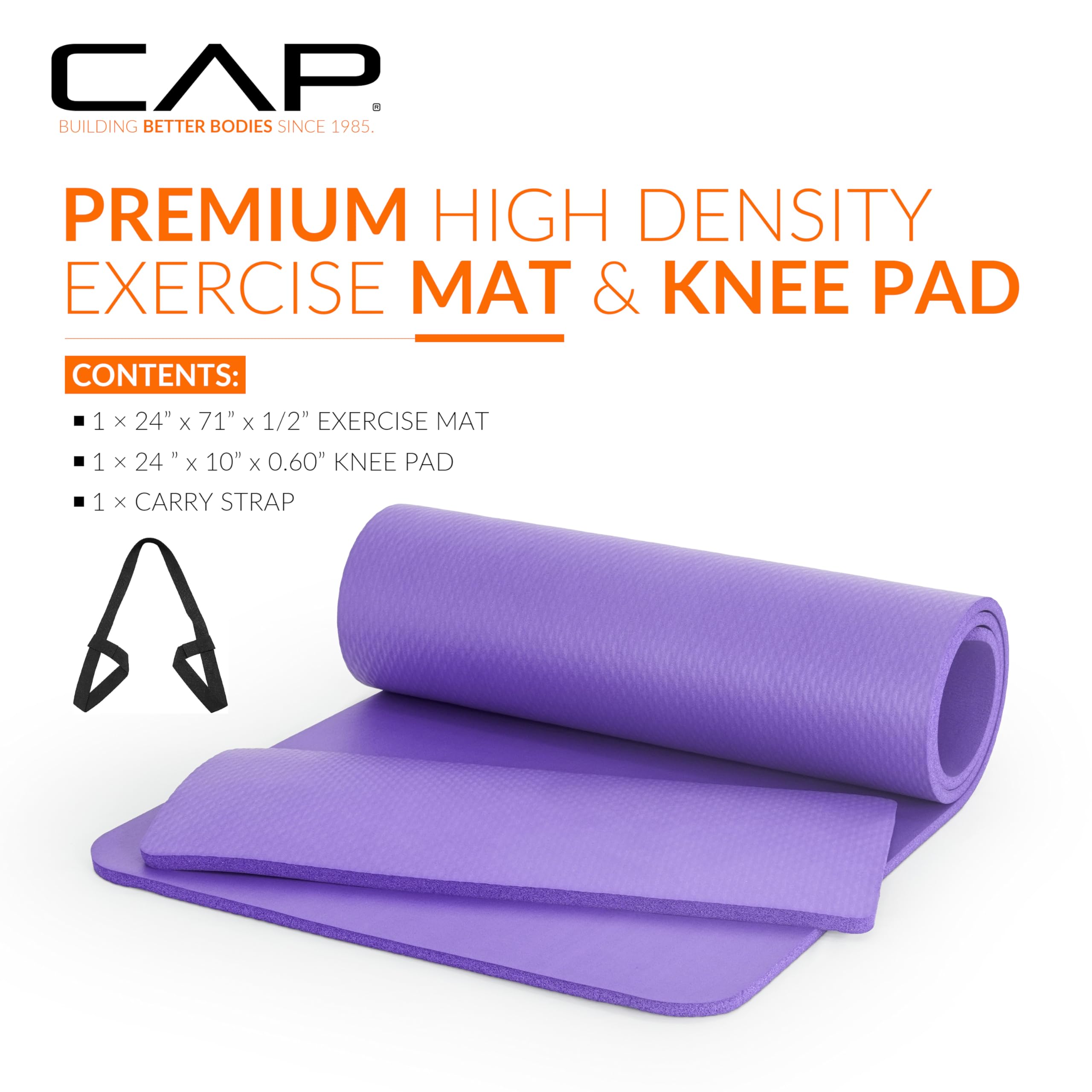Cap High Density Exercise Yoga Mat With Strap And Knee Pad 71''X24''X1/2'' Purple