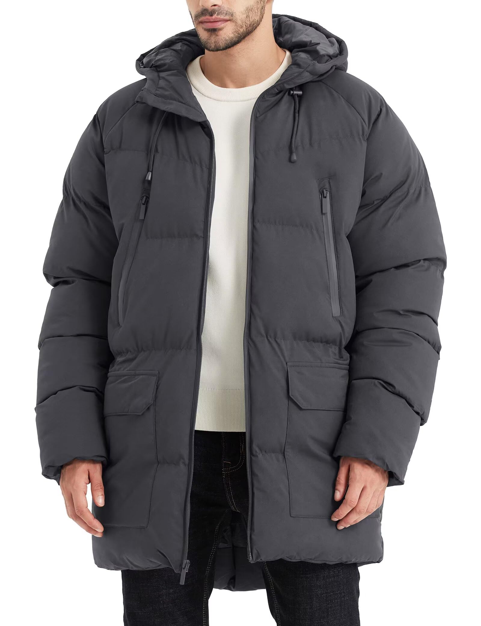 Rejork Men s Long Winter Coat Hooded Warm Quilted Jacket Water-resistant Cold Weather Parka Grey M
