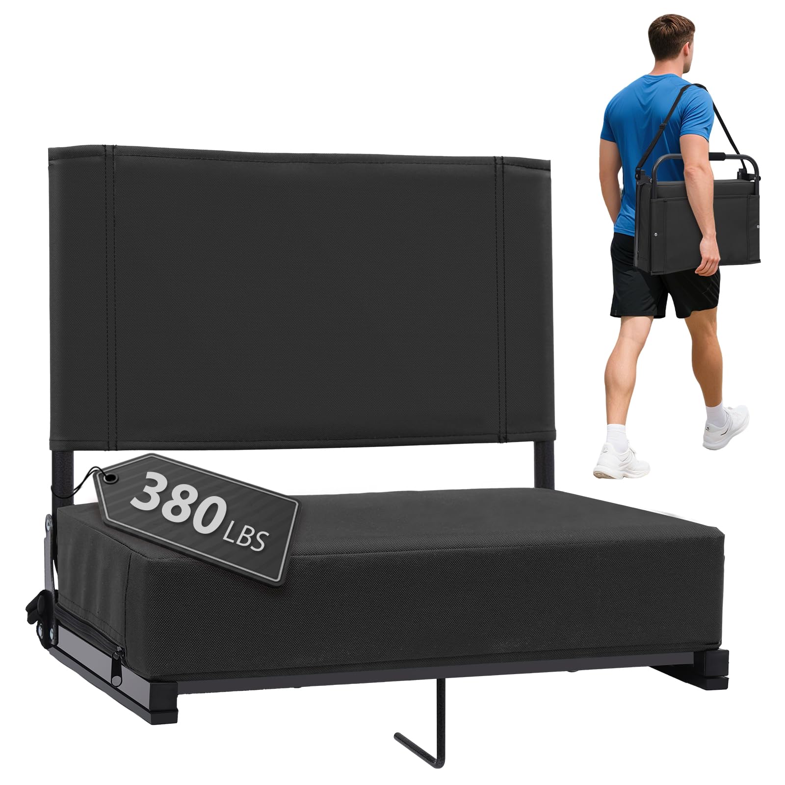 Stadium Seats with Back Support - Padded Portable Bleacher Seat with Handle Shoulder Strap - 18.4in Wide Bleacher Chair with Bac