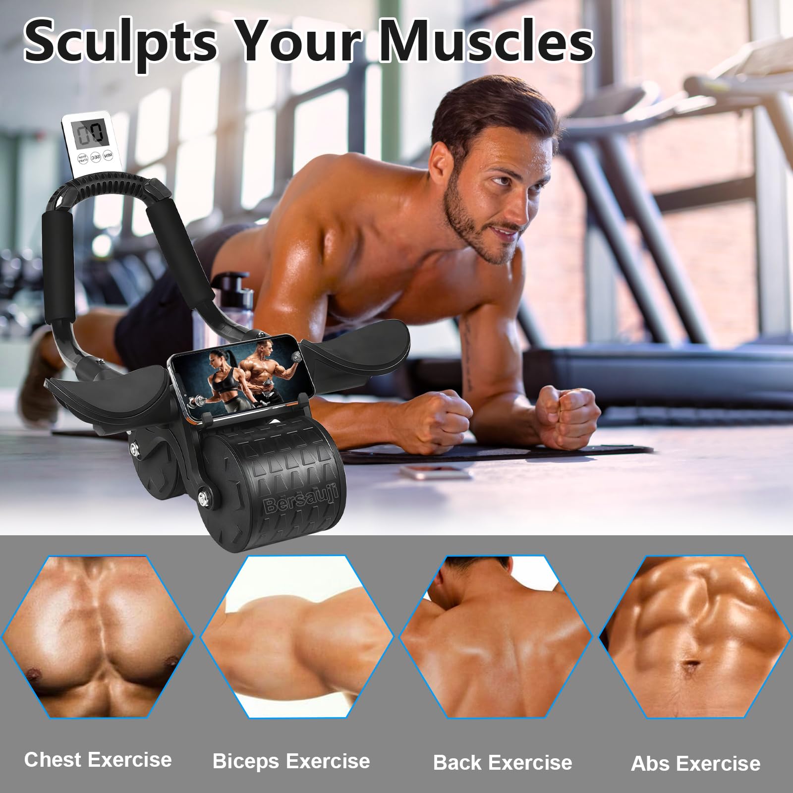 Bersauji 2025 New Ab Roller Wheel with Knee Mat &Timer, Automatic Rebound Abdominal Wheel, Ab Abdominal Exercise Roller with Elb