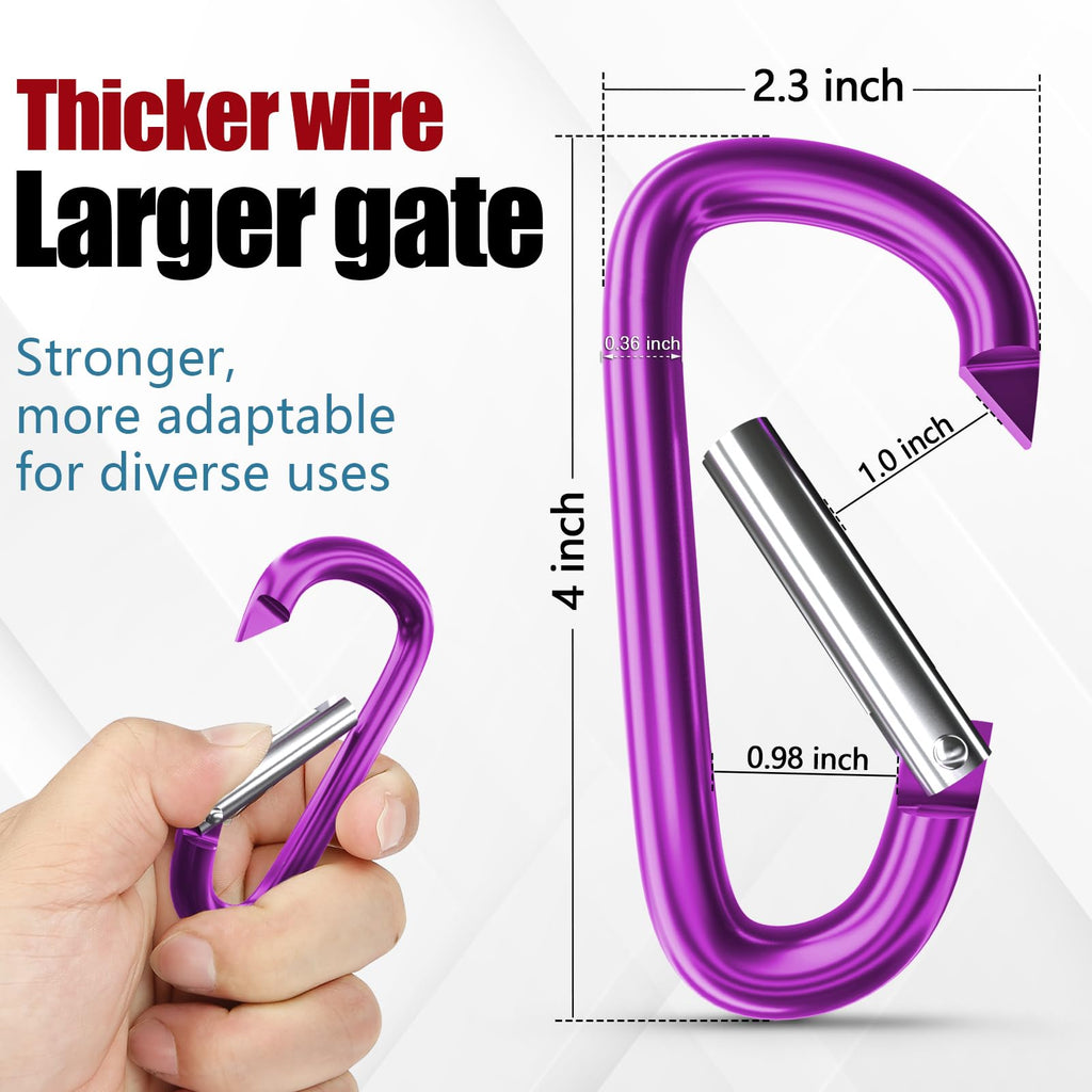 Sprookber 4 Heavy Duty Aluminum Carabiners, Large D-Ring Clips, Spring Snap Hooks For Camping, Hiking, Keychain, Dog Leash (Set