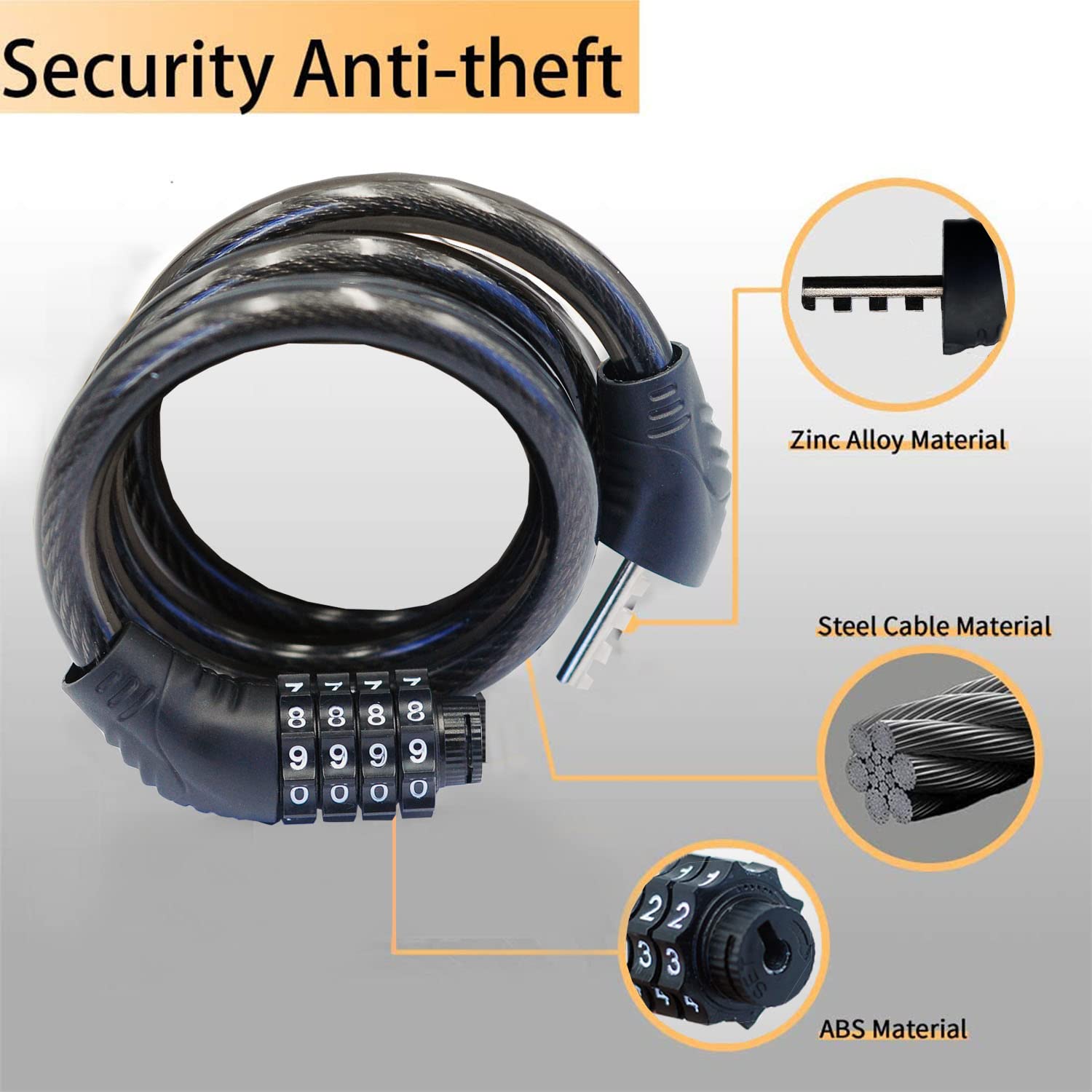 Combination Bike Cable Lock - 4 Digit, 32 Inch Long Coiled Security Resettable Cable Lock, Anti-Theft Accessories For Mountain B
