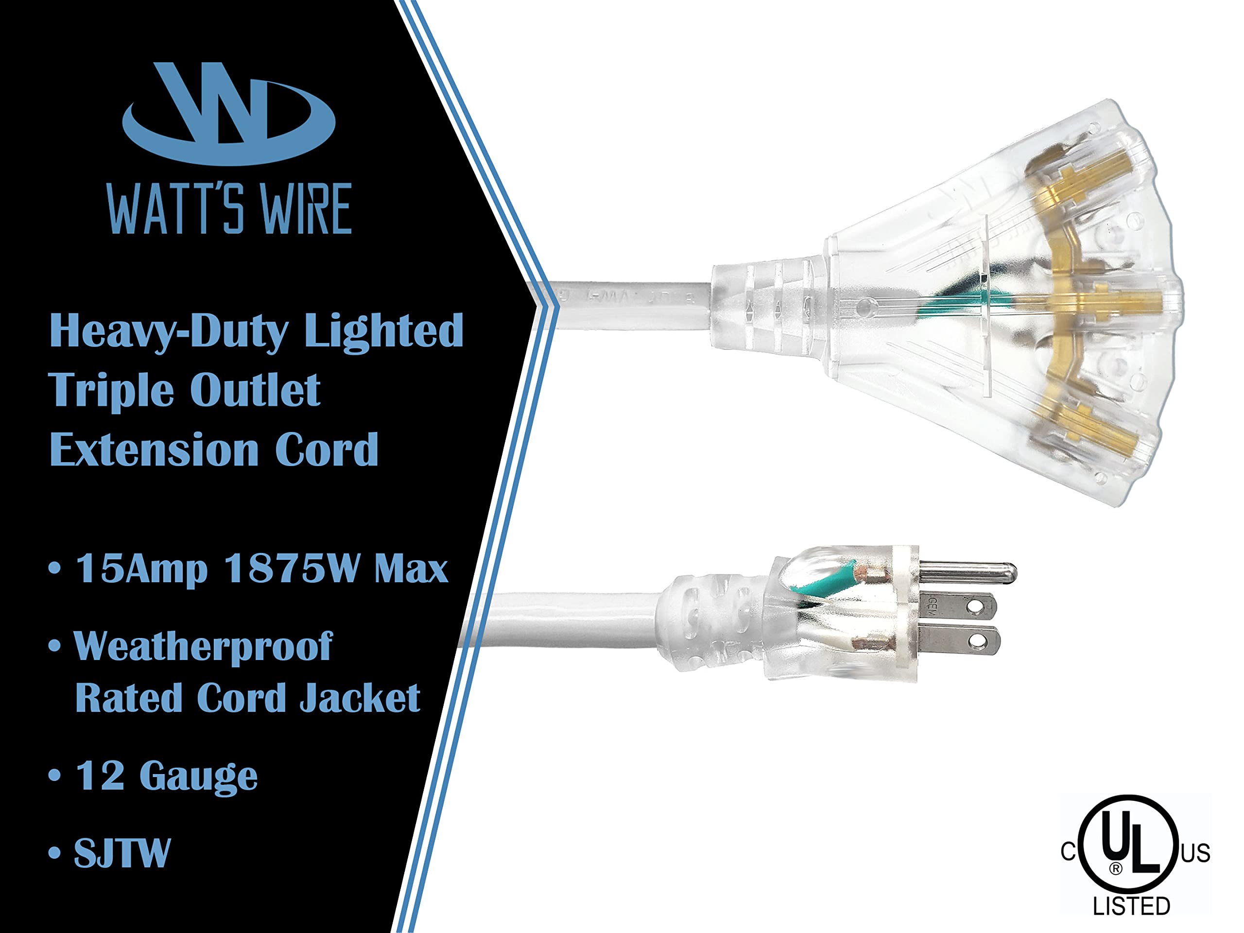 15 Ft - 12 Gauge Heavy Duty Outdoor Extension Cord - 3-Outlet Lighted Sjtw - White Heavy Duty Extension Cord By Watts Wire - 15