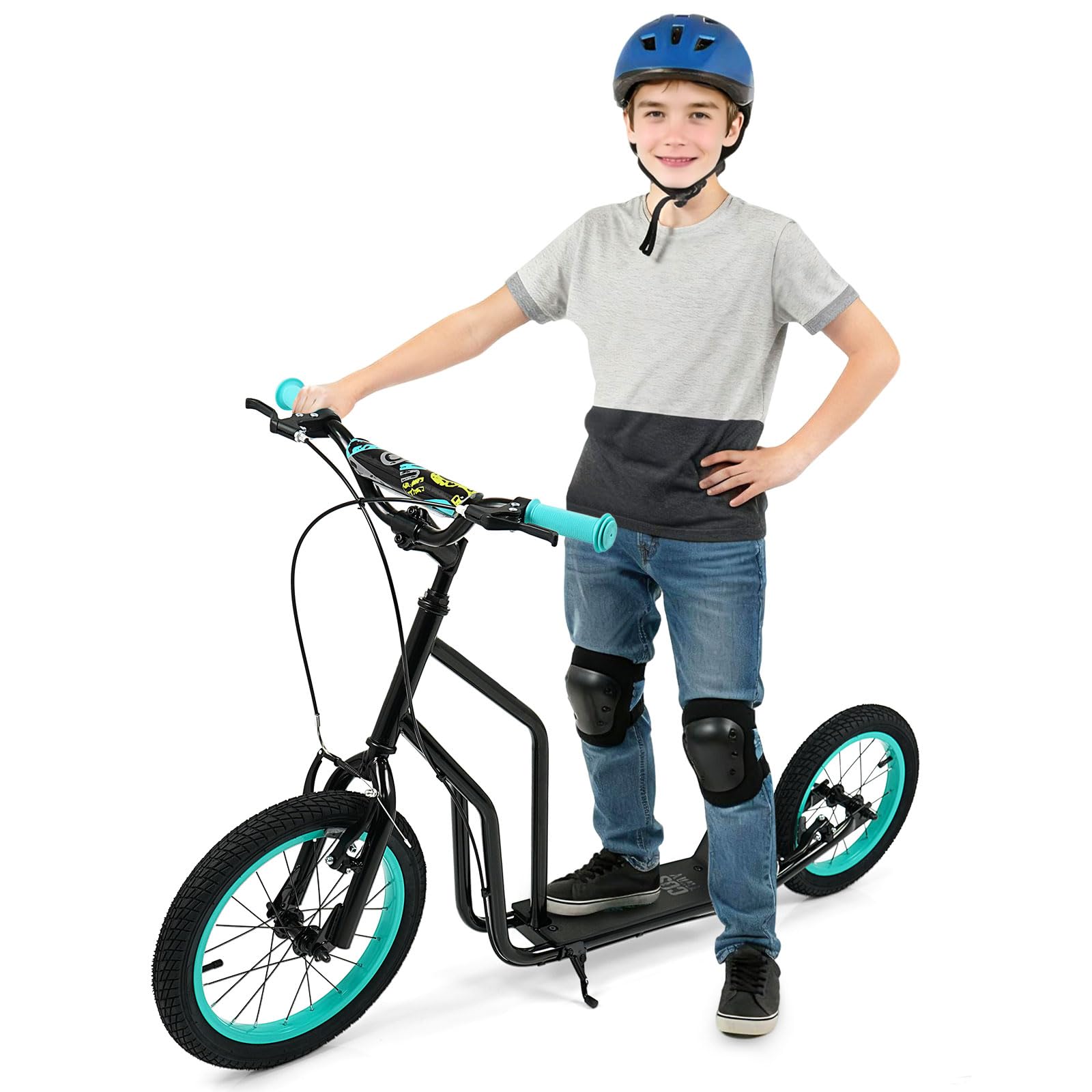 GYMAX Youth Scooter, Height Adjustable Kick Scooters with Extra Large Inflatable 16    Front & 14    Rear Wheels, Dual Hand Brak