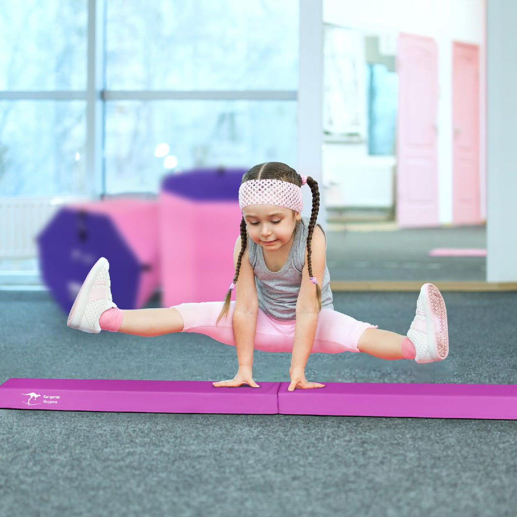 Kangaroo Hoppers 8Ft Gymnastics Balance Beam For Kids - Folding Extra Firm Foam Floor Beam -Beginners And Professionals Home Tra