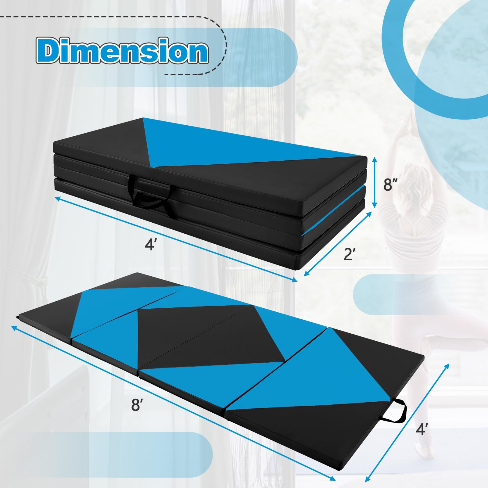 Giantex 4X8X2 Gymnastics Mat, Folding Anti-Tear Gymnastics Panel Mats W/Carrying Handles, Hook And Loop Fastener, Lightweight Tu