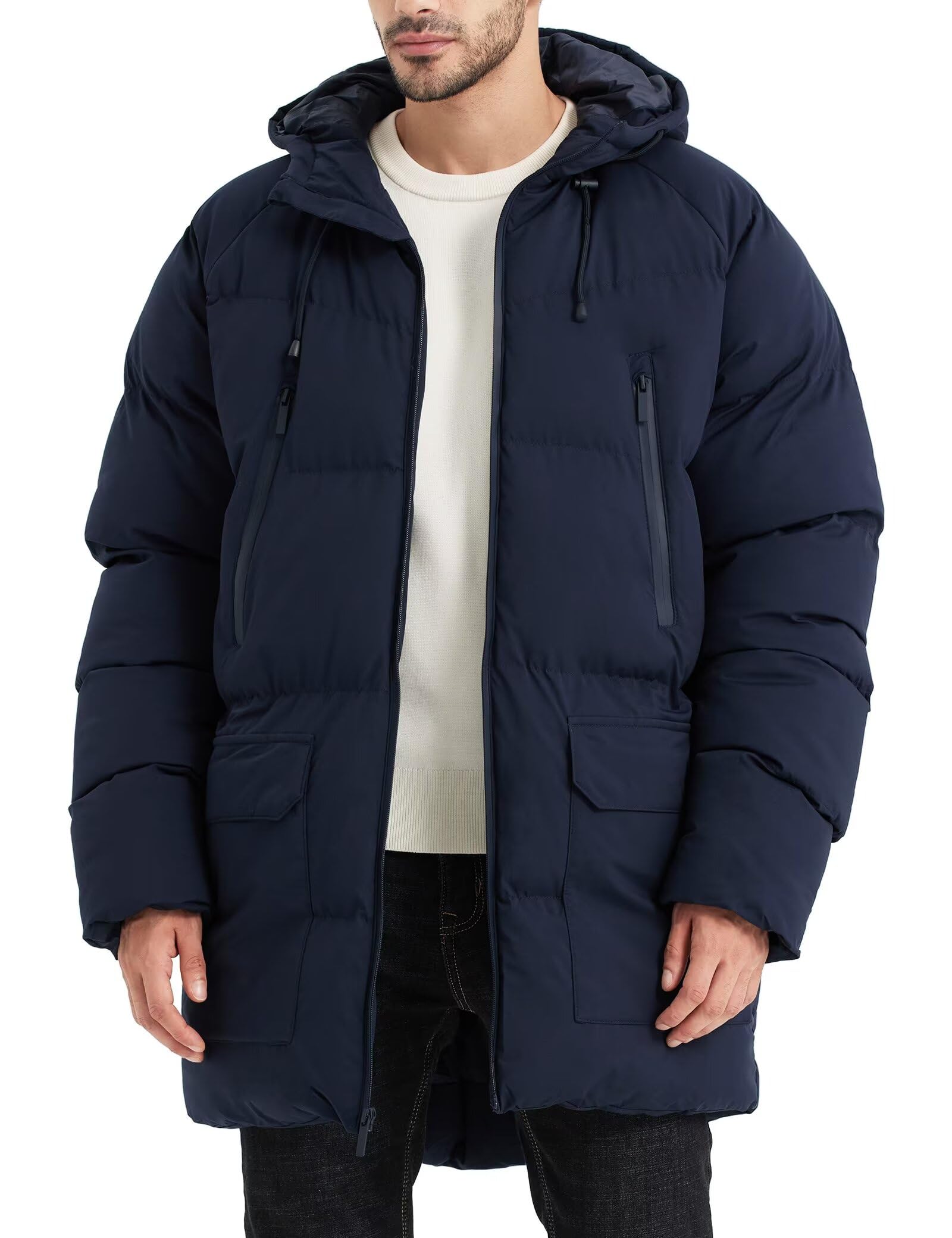 Rejork Men s Long Winter Coat Hooded Warm Quilted Jacket Water-resistant Cold Weather Parka Navy S