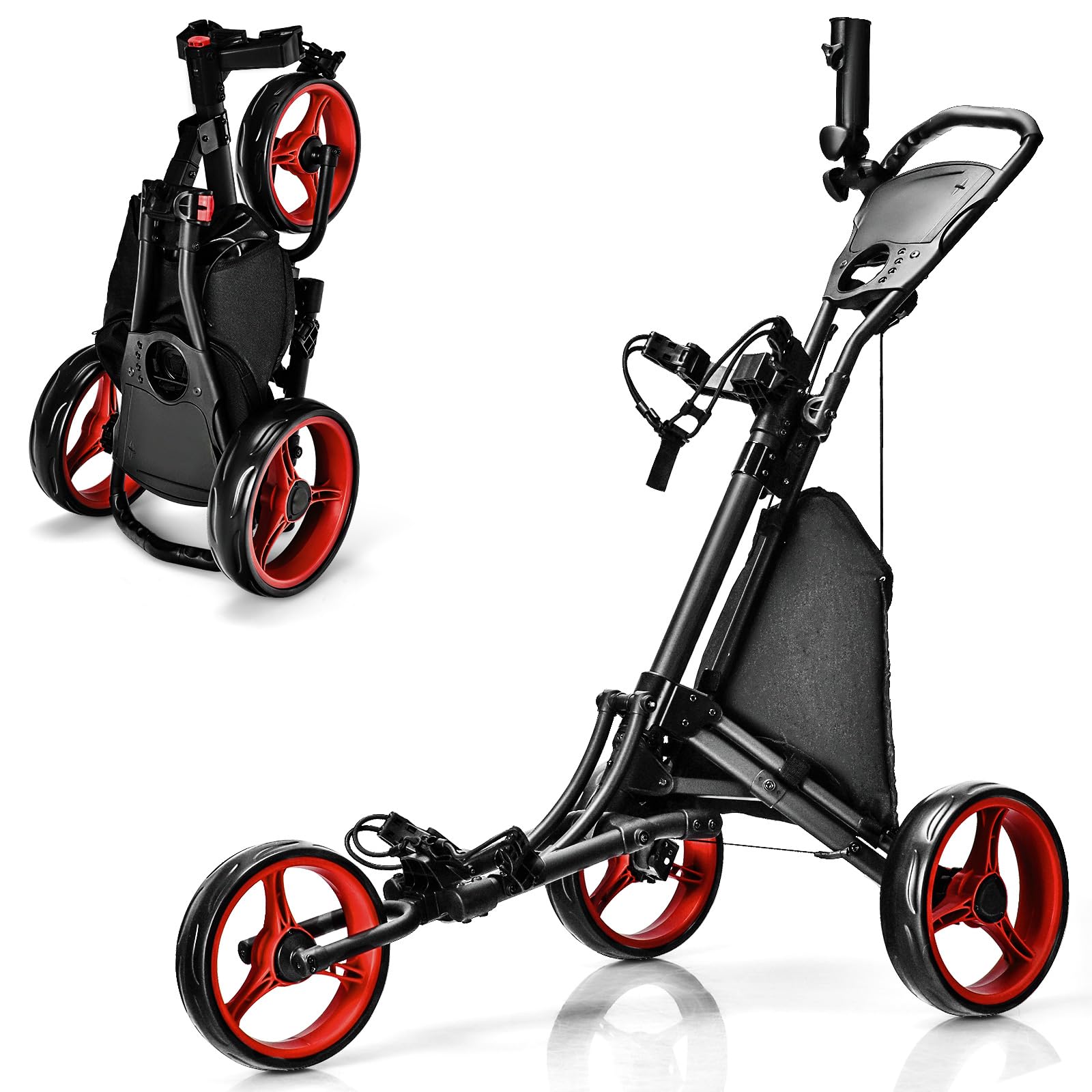 ULTIMATE 3 Wheel Golf Push Cart, Aluminum Folding Golf Walking Push Cart w/Elastic Strap, Umbrella & Cup Holder, Scoreboard Stor