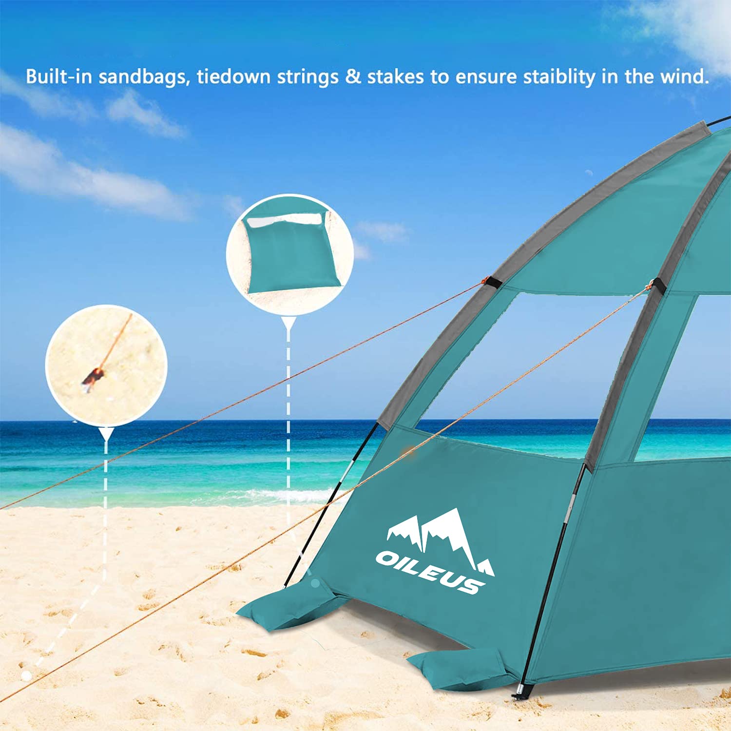Oileus Beach Tent 2-3 Person Portable Sun Shade Shelter Uv Protection, Extended Floor Ventilating Mesh Roll Up Windows Carrying