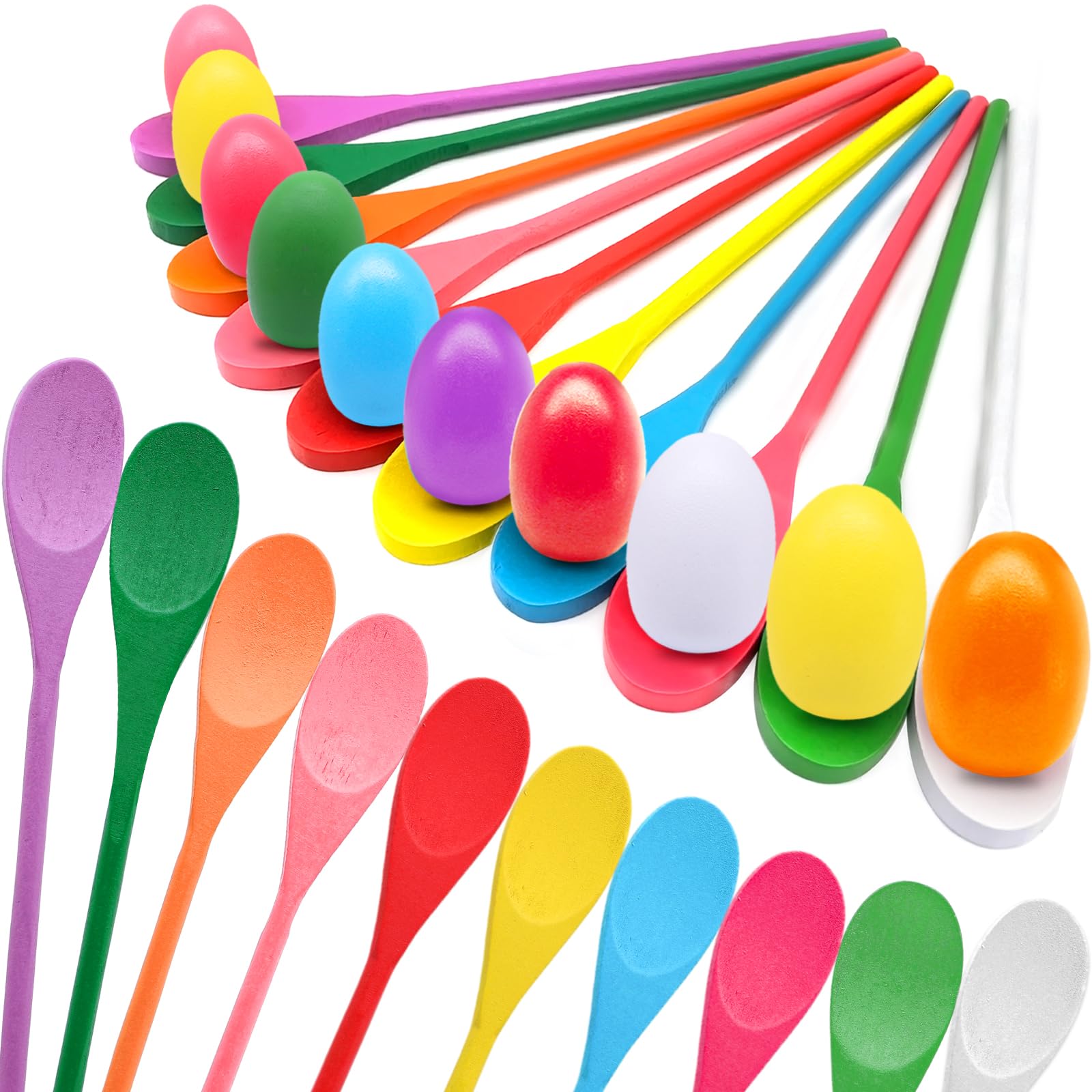 TOPLEE 20 Pcs Easter Egg and Spoon Race Game Set, 10 Players Balance Relay Easter Games Include 10 Eggs and Wooden Spoons for Ki
