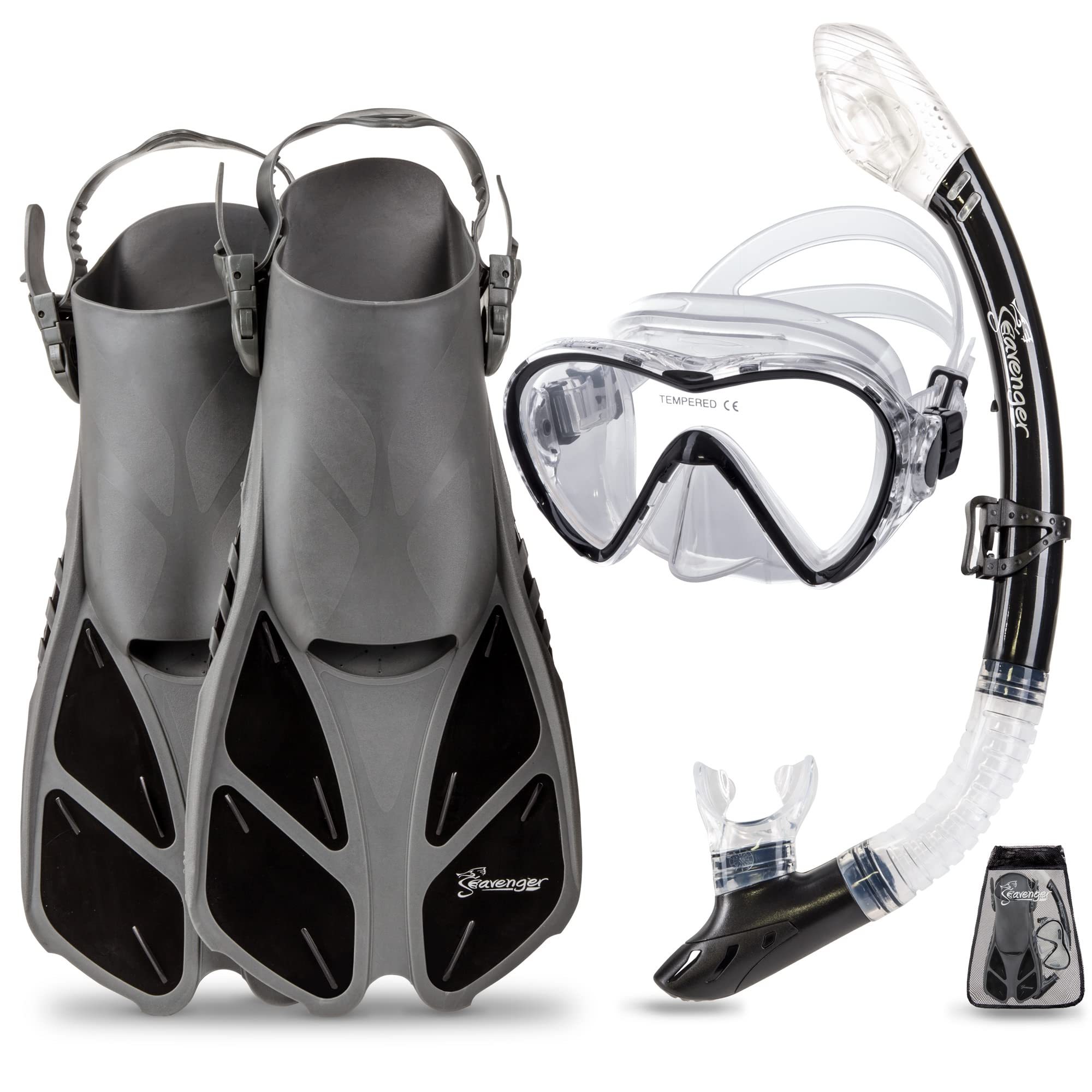 Seavenger Diving Dry Top Snorkel Set with Trek Fin, Single Lens Mask and Gear Bag, L/XL - Size 9 to 13, Gray/Black