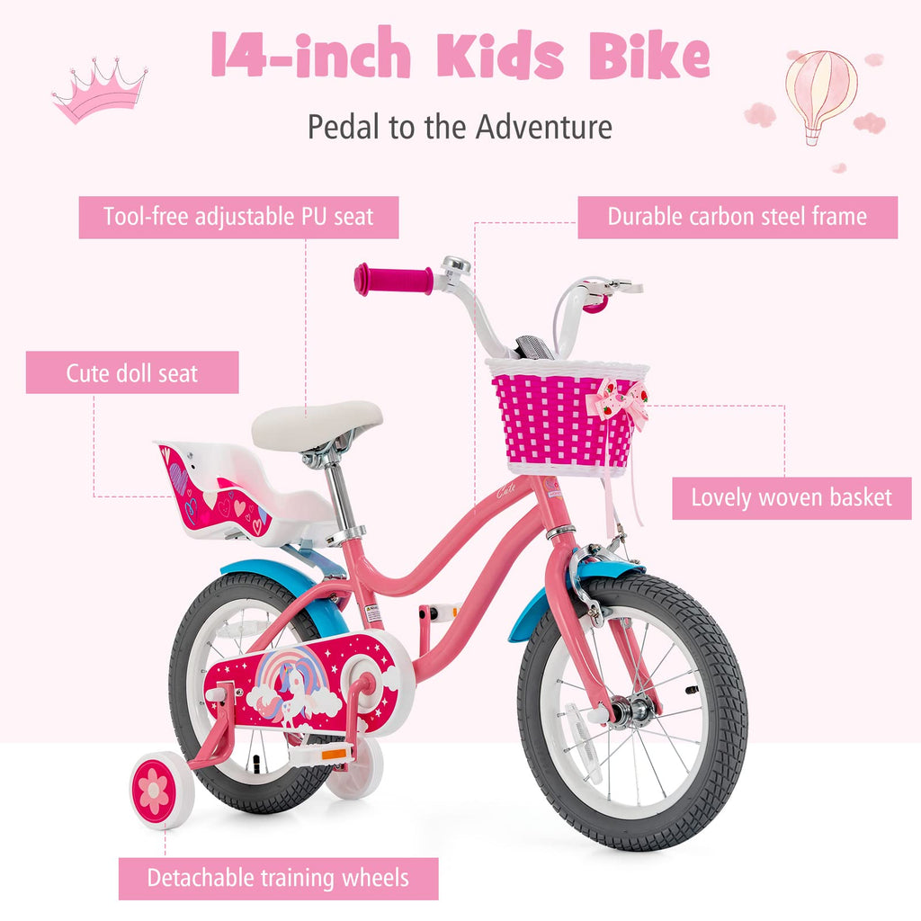 Baby Joy Kids Bike, 14 Inch Kids Bicycle W/Training Wheels, Adjustable Seat Handlebar Height, Storage Basket, Doll Seat, Handbra