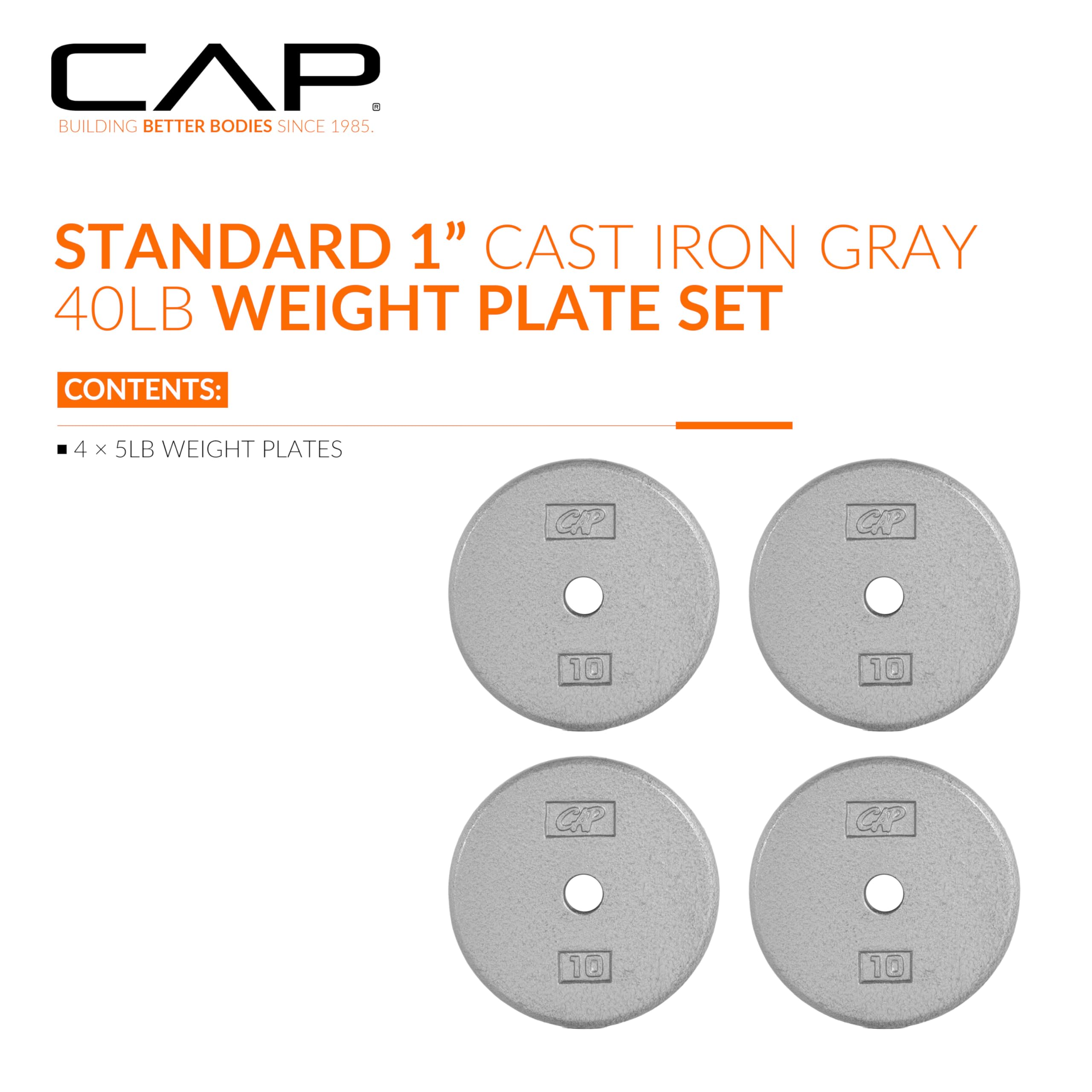 CAP Barbell Cast Iron Standard 1-Inch Weight Plate Set - Barbell Weights for Home Gym, Strength Training, and Weightlifting, 10