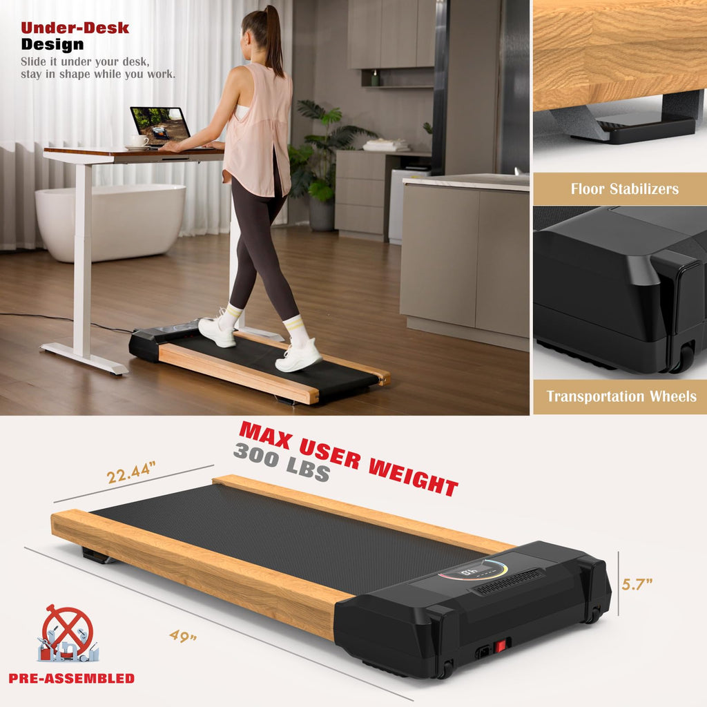 Walking Pad, High Grade Wood Under Desk Treadmill 300Lbs Capacity, Max 2.5 Hp Electric Treadmill For Home Office Installation-Fr