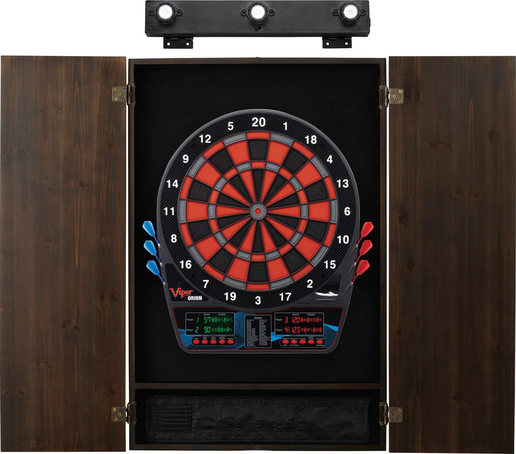Viper Orion Electronic Dartboard, Metropolitan Espresso Cabinet & Shadow Buster Dartboard Light Bundle