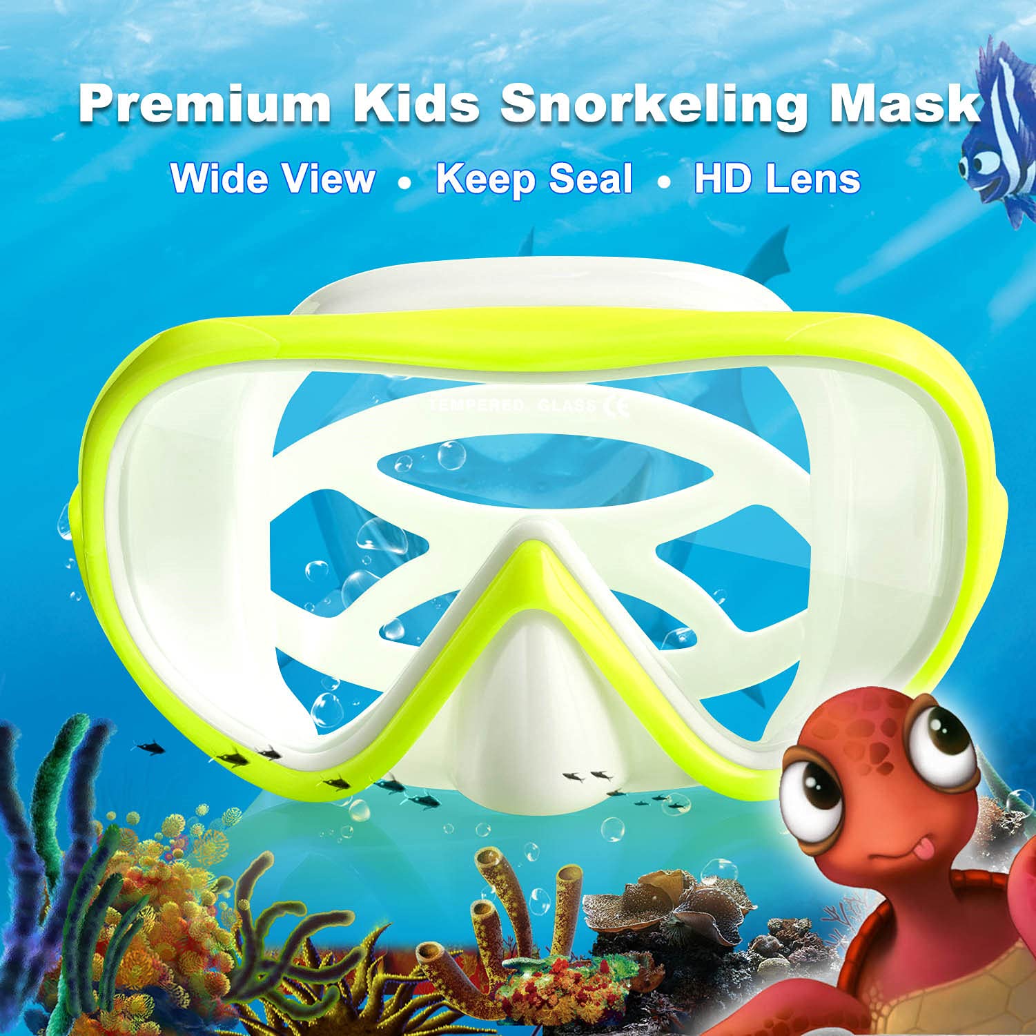 Kids Snorkel Swim Mask, Child Diving Mask Anti-Fog Swim Goggles With Nose Cover For Snorkeling Diving Swimming (Yellow)