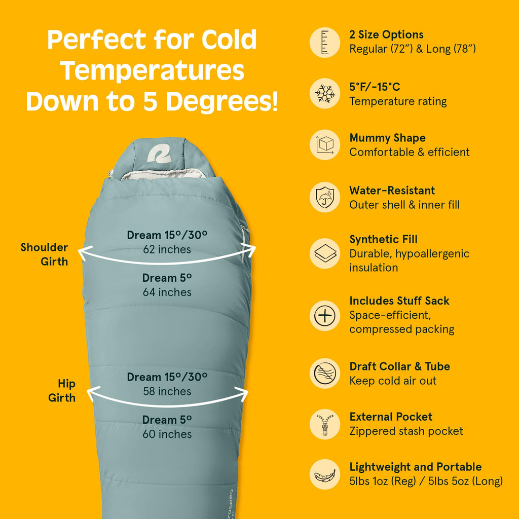 Retrospec Dream 15 Sleeping Bag - Mummy Sleeping Bag For Camping, Insulated Cold Weather, Water-Resistant, Adjustable Draw Cords