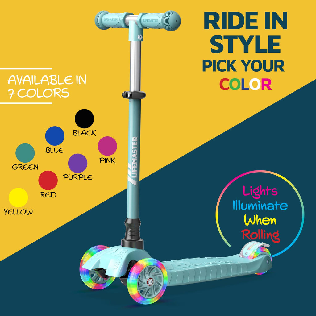 Lifemaster Kids Scooter - Children and Toddler 3 Wheel Kick Scooter - LED Wheel Lights Illuminate When Rolling- Adjustable Handl