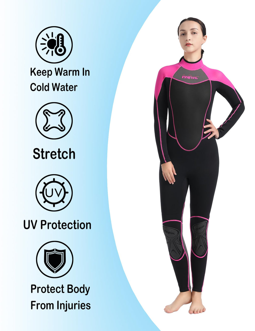 Anparc Wetsuit Women 3Mm Neoprene Full Body Wet Suit, Cold Water Wetsuit With Back Zipper, Suitable For Diving, Swimming, Surfin