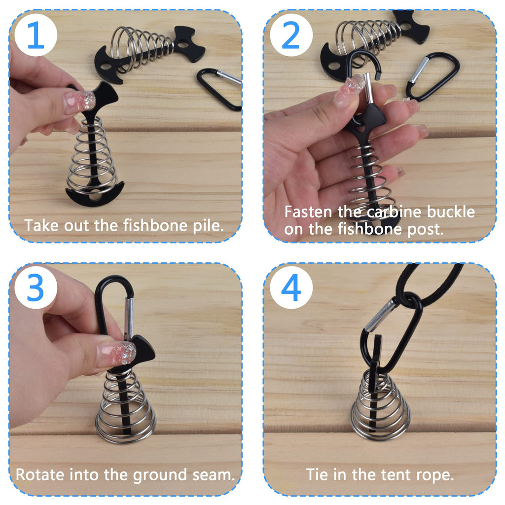 Deck Anchor Pegs,6Pcs Aluminium Alloy Fishbone Tent Stakes Pegs With Carabiners Clips,Windproof Deck Plank Board Tent Pegs Cord