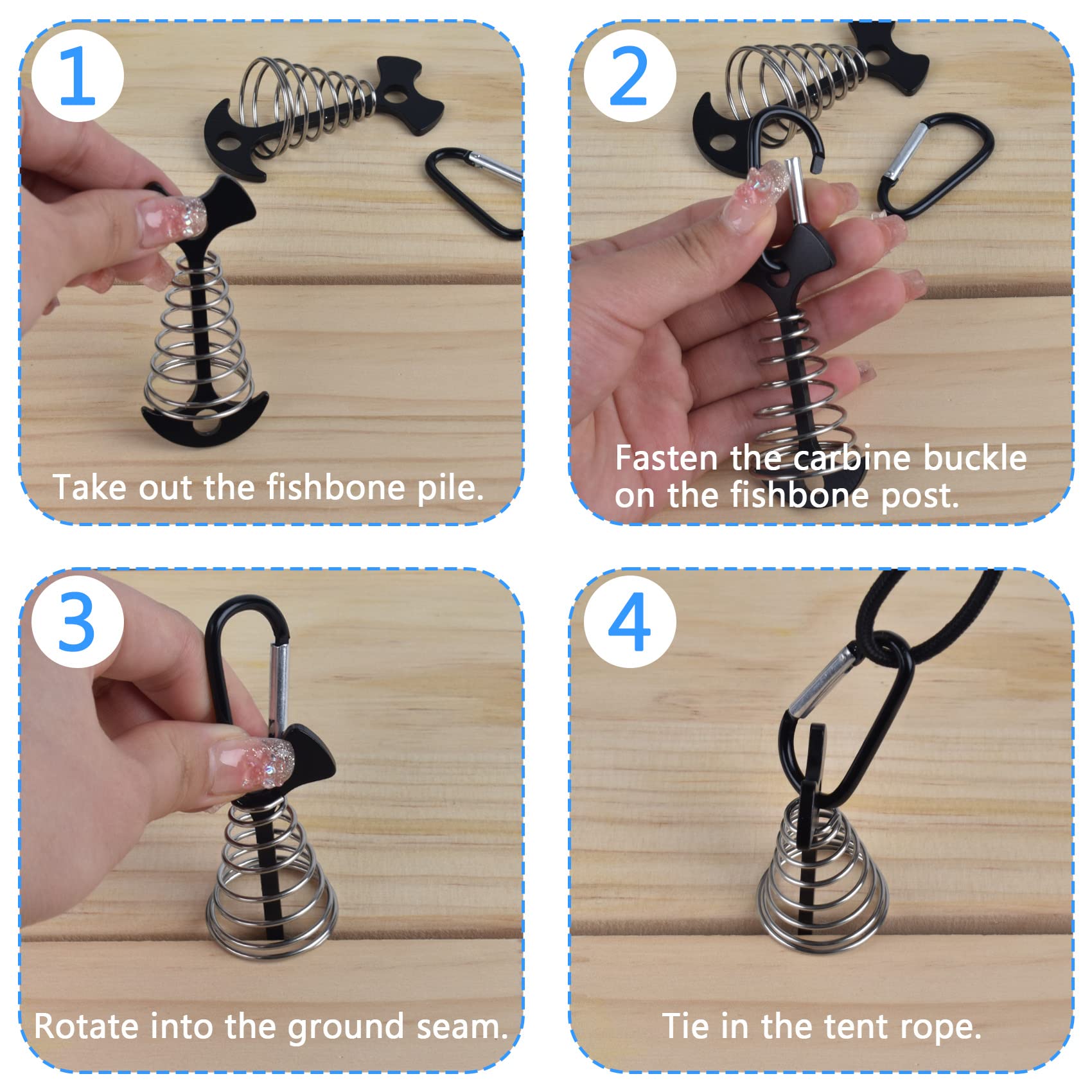 Deck Anchor Pegs,6Pcs Aluminium Alloy Fishbone Tent Stakes Pegs With Carabiners Clips,Windproof Deck Plank Board Tent Pegs Cord