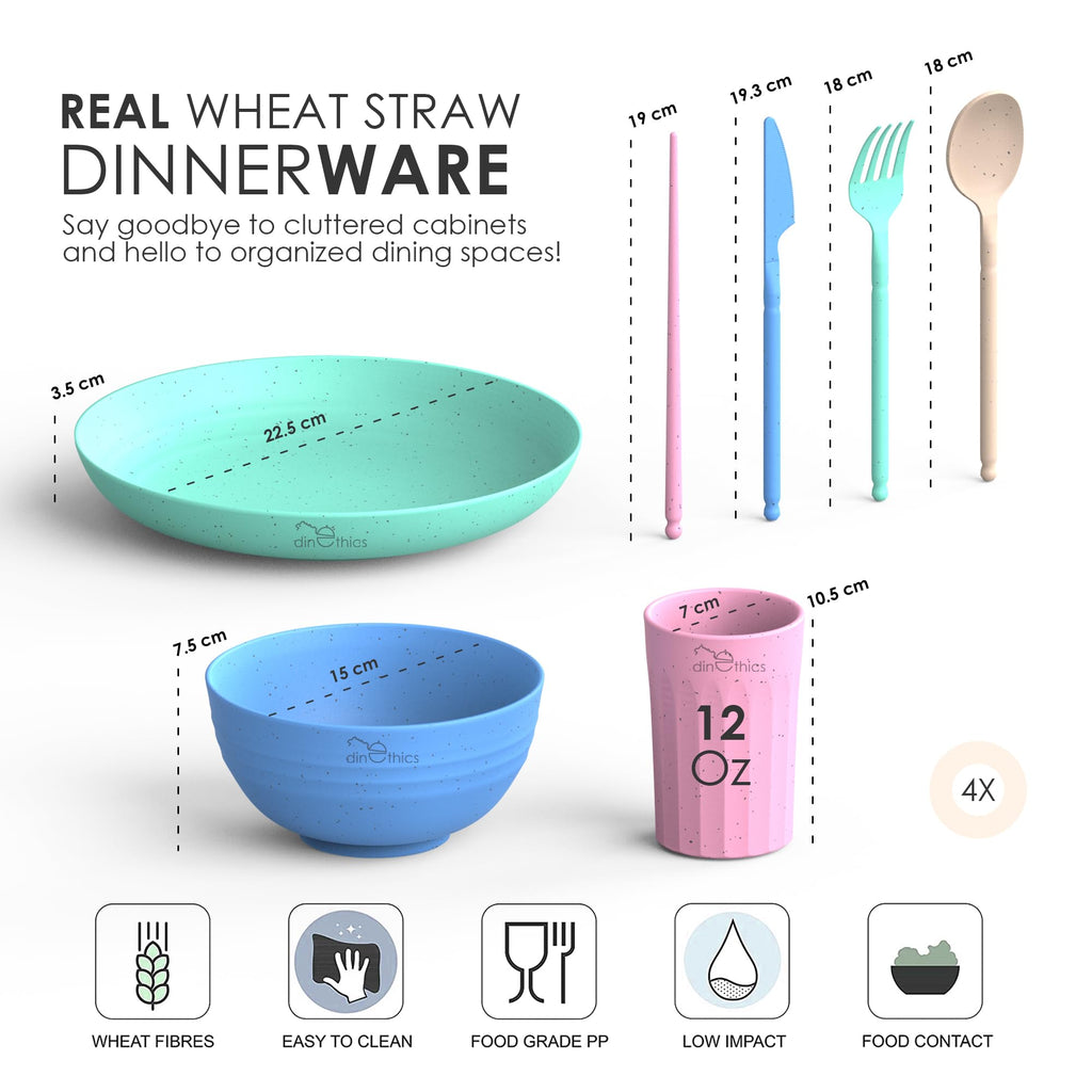 Dinethics Wheatstraw Dinnerware Sets For 4 - Alternate To Plastic Dishes - Dishwasher Safe Microwave Plates - Unbreakable Dinner