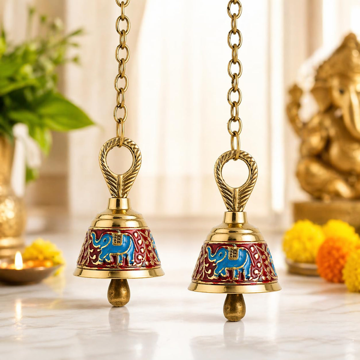 Loopysky Brass Hanging Bell Set Of 2 For Home Mandir, Decorative Ghanti For Door & Wall Hanging, Handcrafted Pooja Bells For Tem
