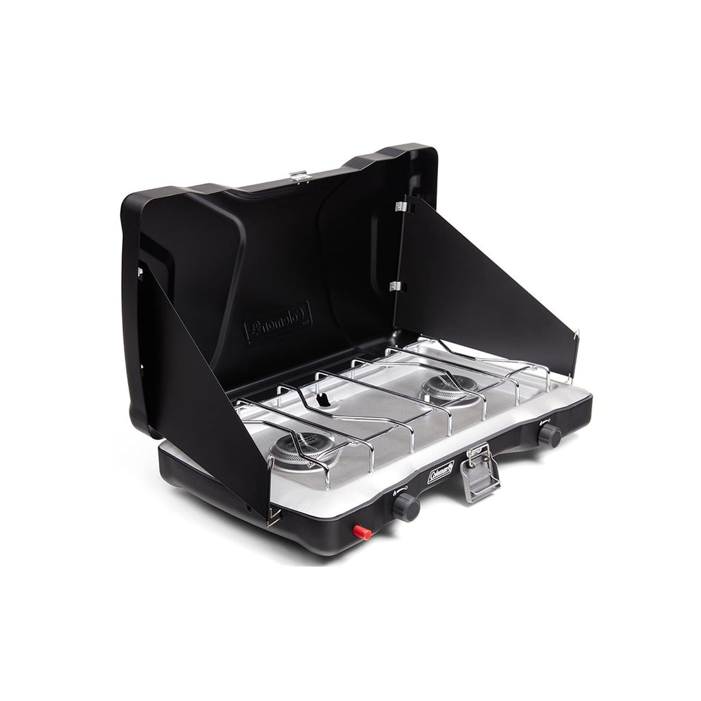Coleman Triton+ Portable 2-Burner Propane Camping Stove, 22,000 Total Btus, Wind Guards, Adjustable Burners, Instant Push-Button