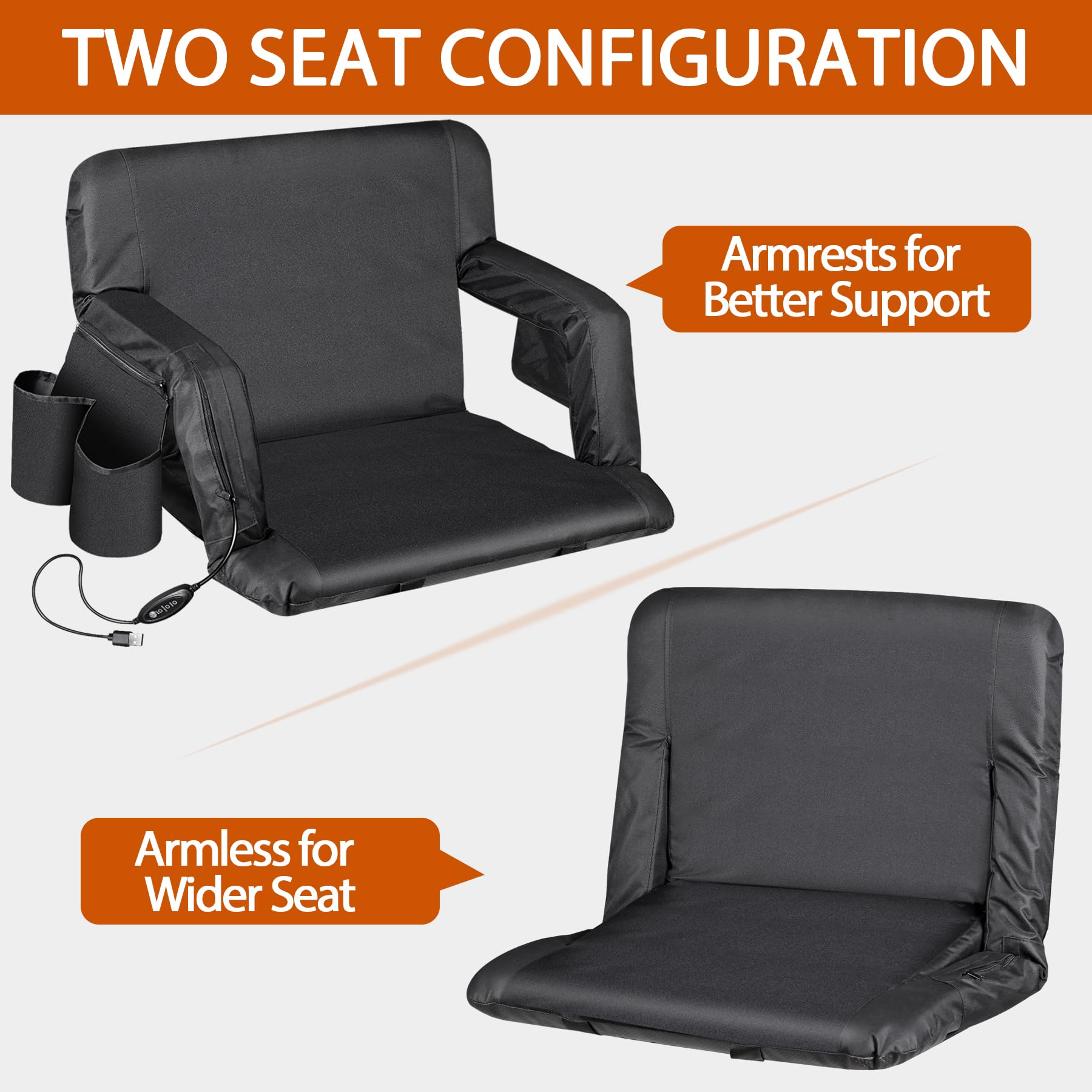 Nova Microdermabrasion 25'' Heated Stadium Seat For Bleachers W/Back Support Wide Padded Cushion Portable Reclining Bleacher Sea