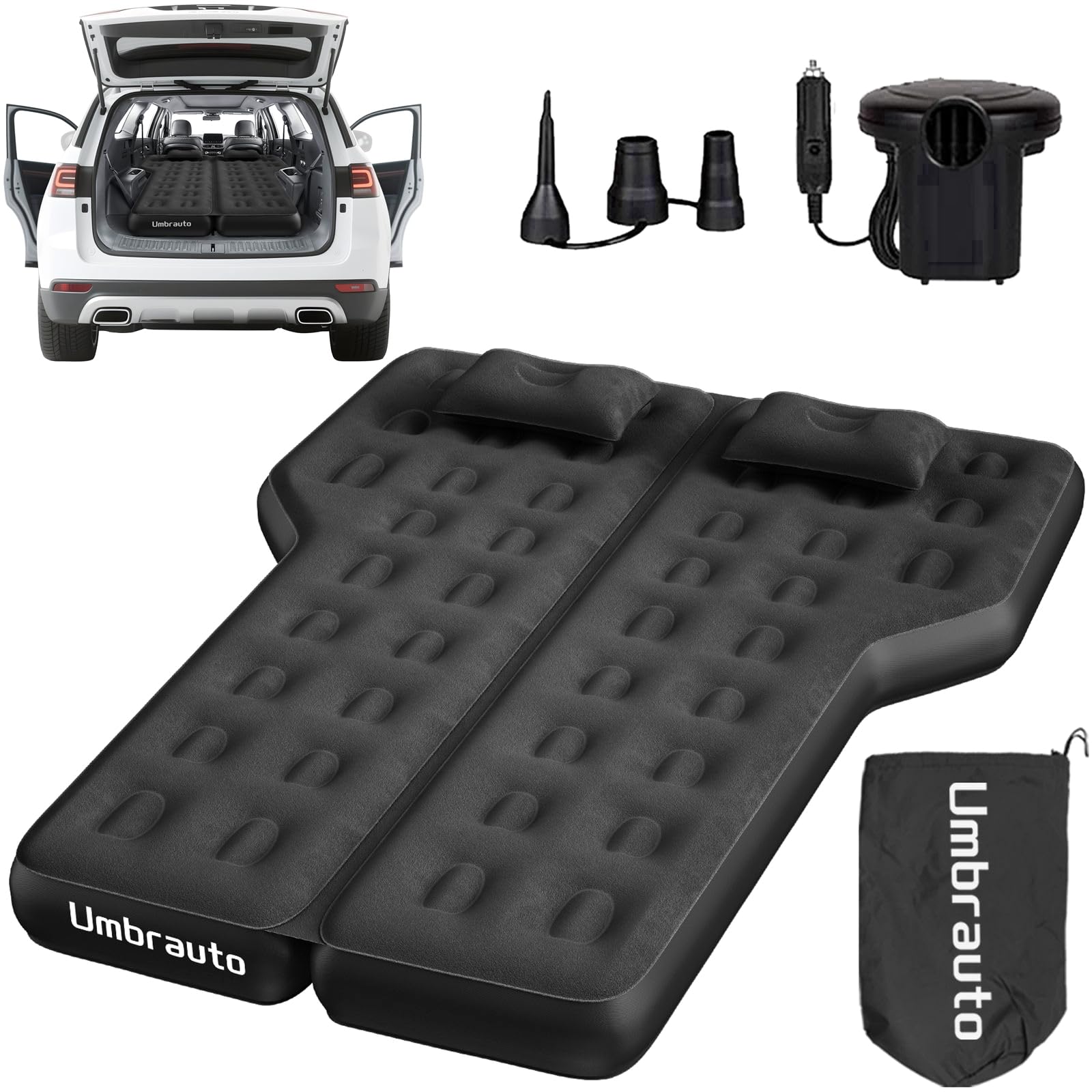 Umbrauto Heavy-Duty Suv Air Mattress W/Quick-Inflate Car Pump| Durable 2-Chamber Inflatable Van Sleeping Bed For Camping & Trave