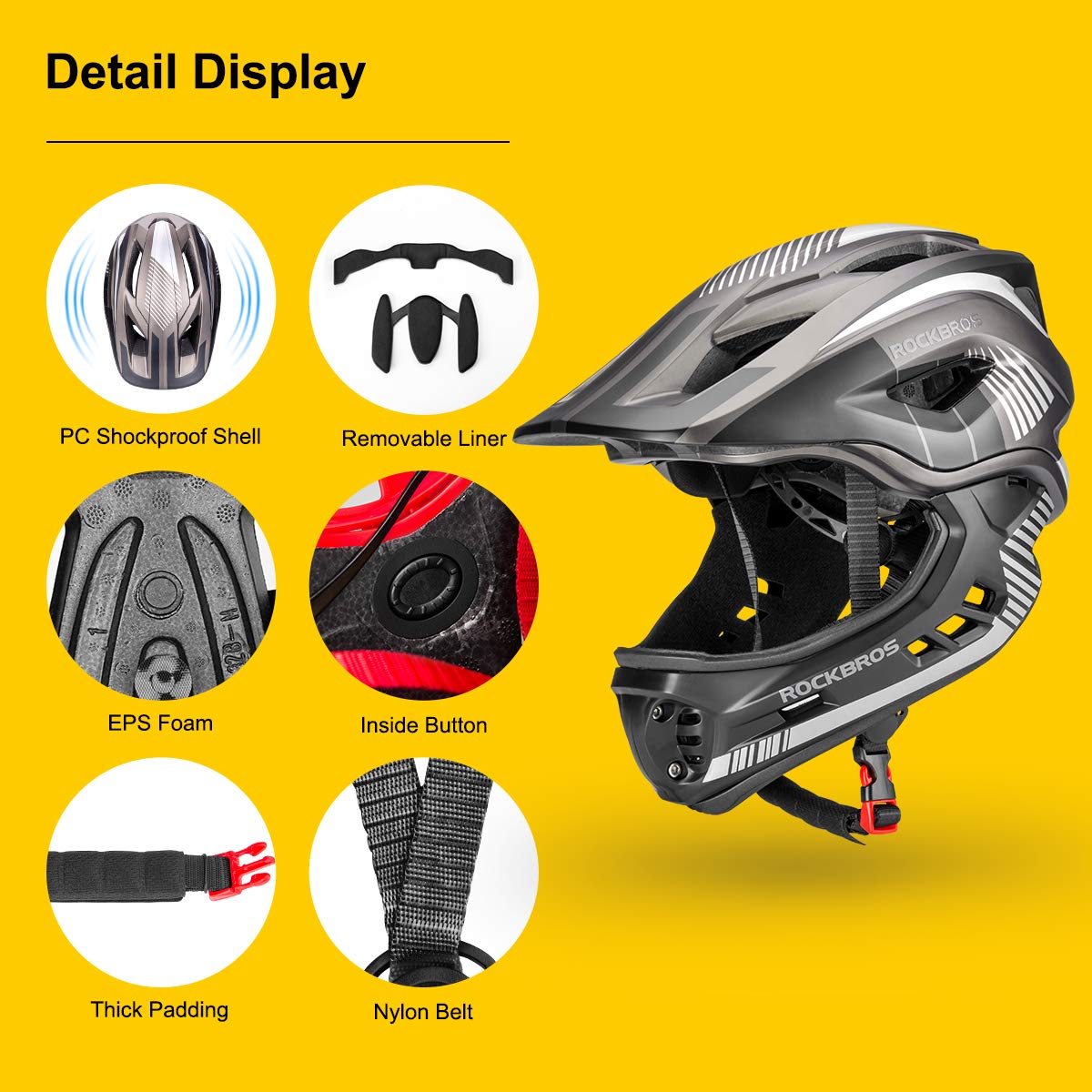 Rock Bros Kids Bike Helmet Toddler Full Face Helmet Detachable Ultralight Mountain Bike Cycling Helmet For Bmx Bicycle, Skateboa