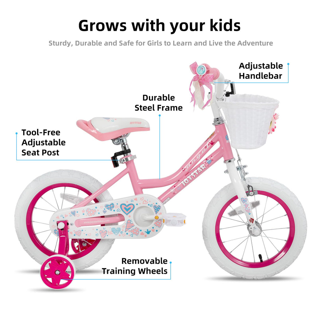 Joystar 14 Inch Girls Bike For 3 4 5 Years Old Girl 14'' Kids Bikes With Training Wheels And Basket Children'S Bicycle In Pink