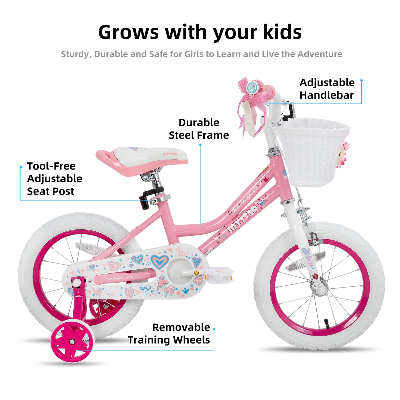 Joystar 14 Inch Girls Bike For 3 4 5 Years Old Girl 14'' Kids Bikes With Training Wheels And Basket Children'S Bicycle In Pink