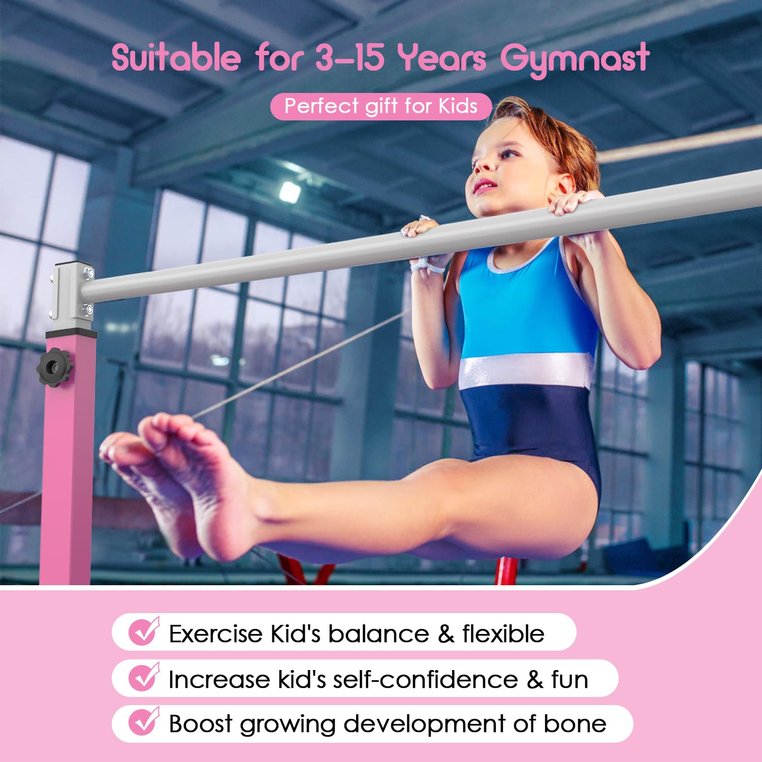 Safly Fun Gymnastics Bar For Kids Ages 3-15 For Home - Steady Steel Construction, Anti-Slip, Easy To Assemble, 3' To 5' Adjustab