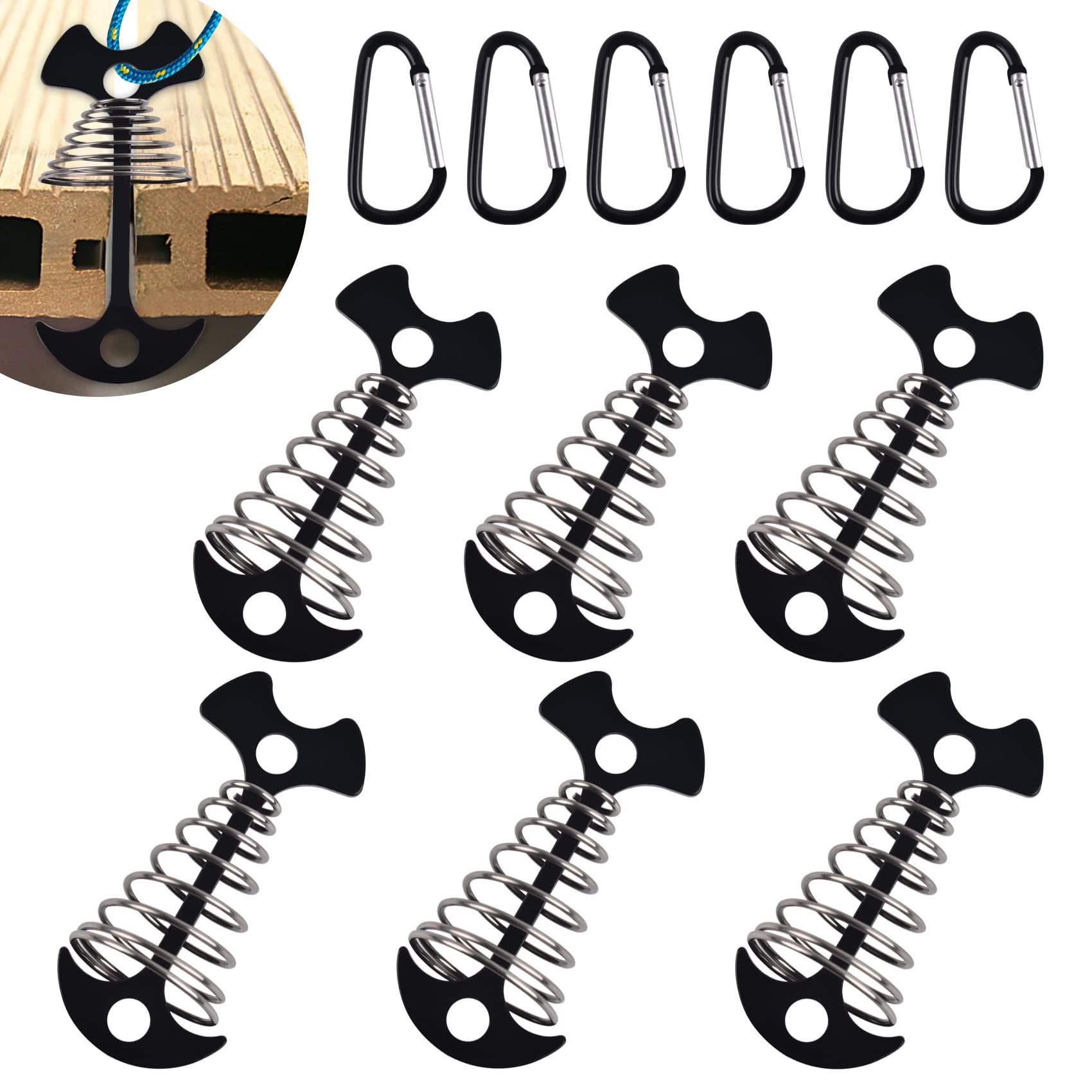 Deck Anchor Pegs,6Pcs Aluminium Alloy Fishbone Tent Stakes Pegs With Carabiners Clips,Windproof Deck Plank Board Tent Pegs Cord 