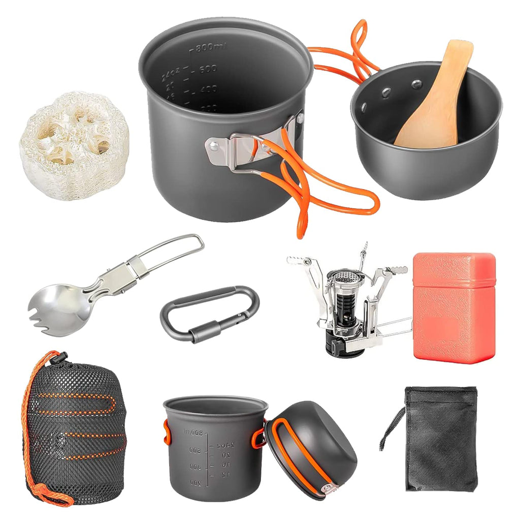 Camping Cookware Set Portable Camp Stove With Lightweight Pots And Pans Set Non-Stick Backpacking Cooking Set Camping Mess Kit W