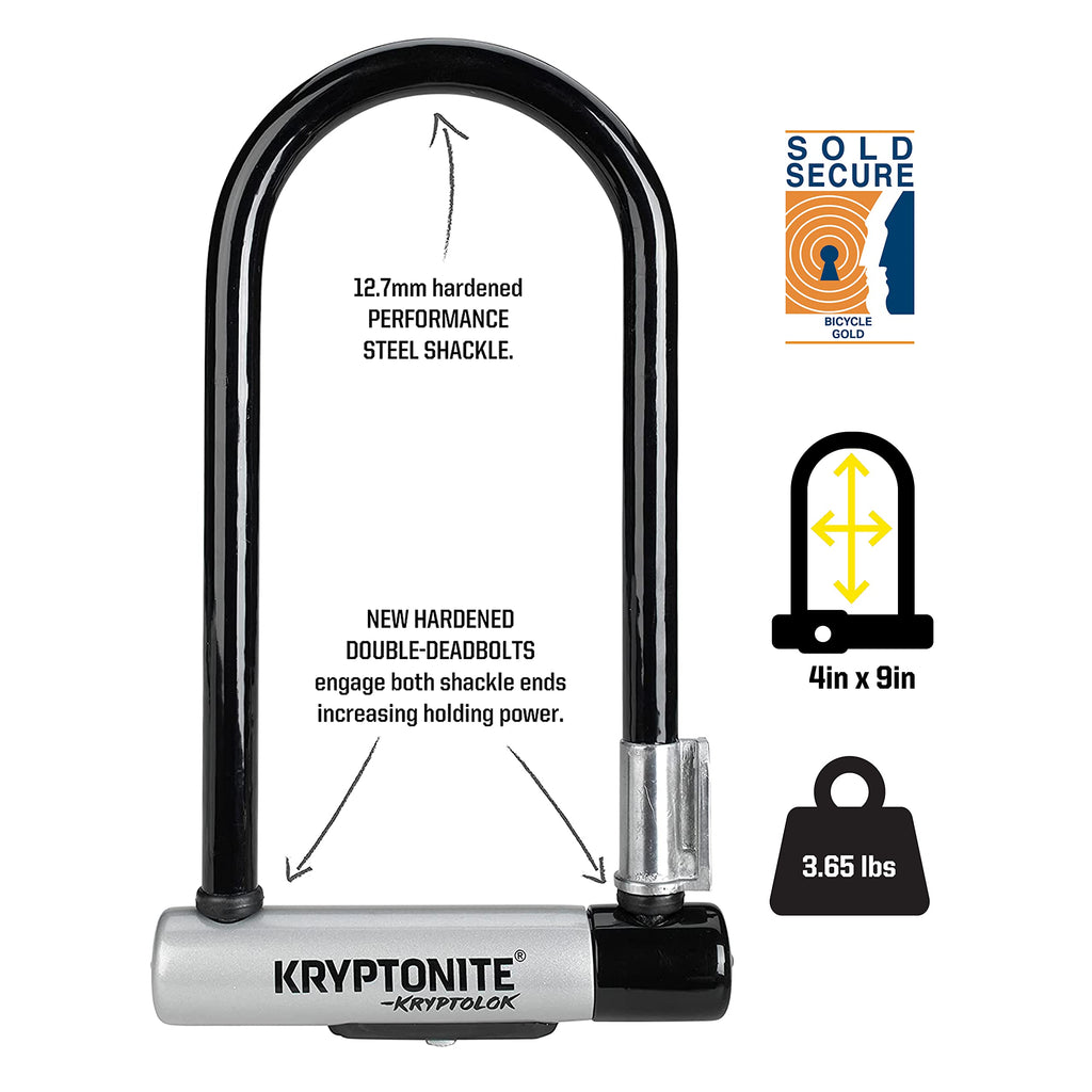 Kryptonite Kryptolok Standard Bike U-Lock With Cable, Heavy Duty Anti-Theft Bicycle U Lock, 127Mm Shackle And 10Mm X 4Ft Length