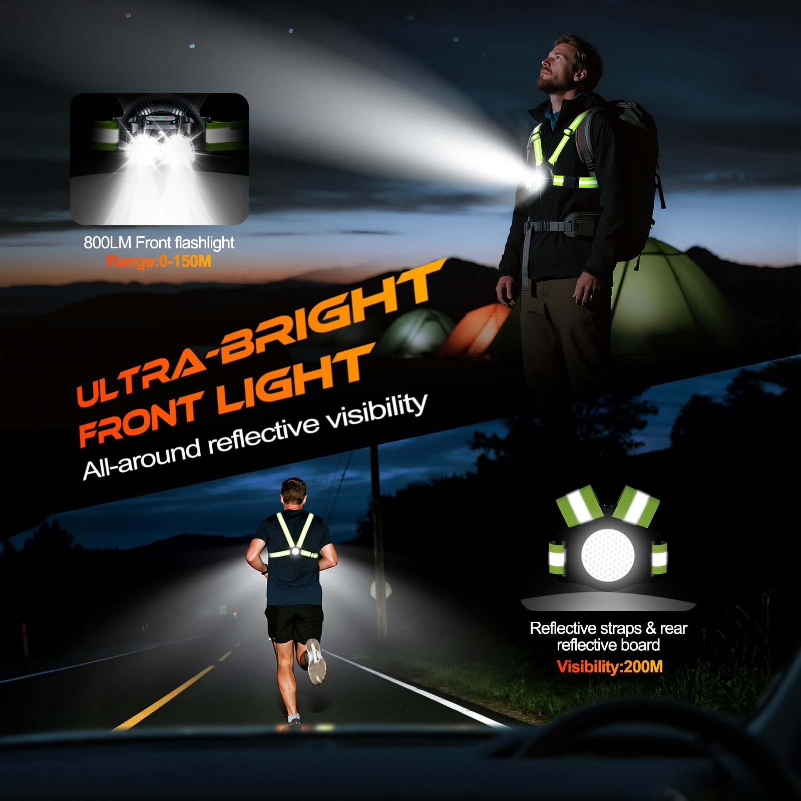 ISEYOU Running Lights for Runners 800LM, 6 Modes Running Light with 45Adjustable Tilt, IPX5 Waterproof Rechargeable Visibility R