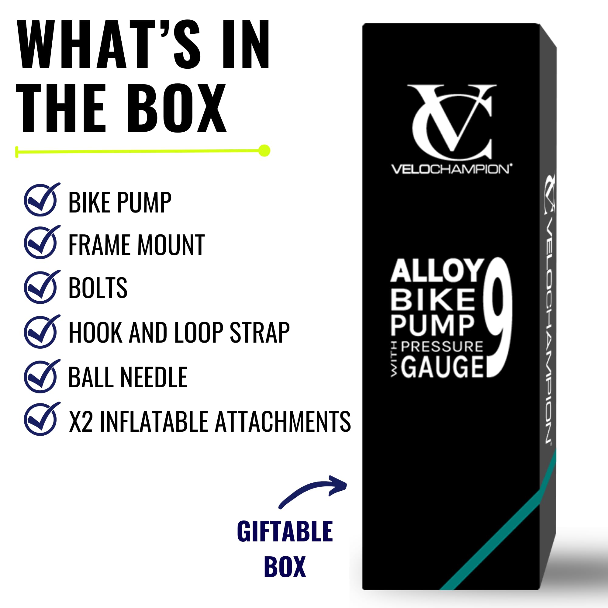 Velochampion Alloy Mini Bike Pump Suitable For Presta, Schrader And Dunlop - Portable, Compact, Durable And Easy To Use (Alloy 9