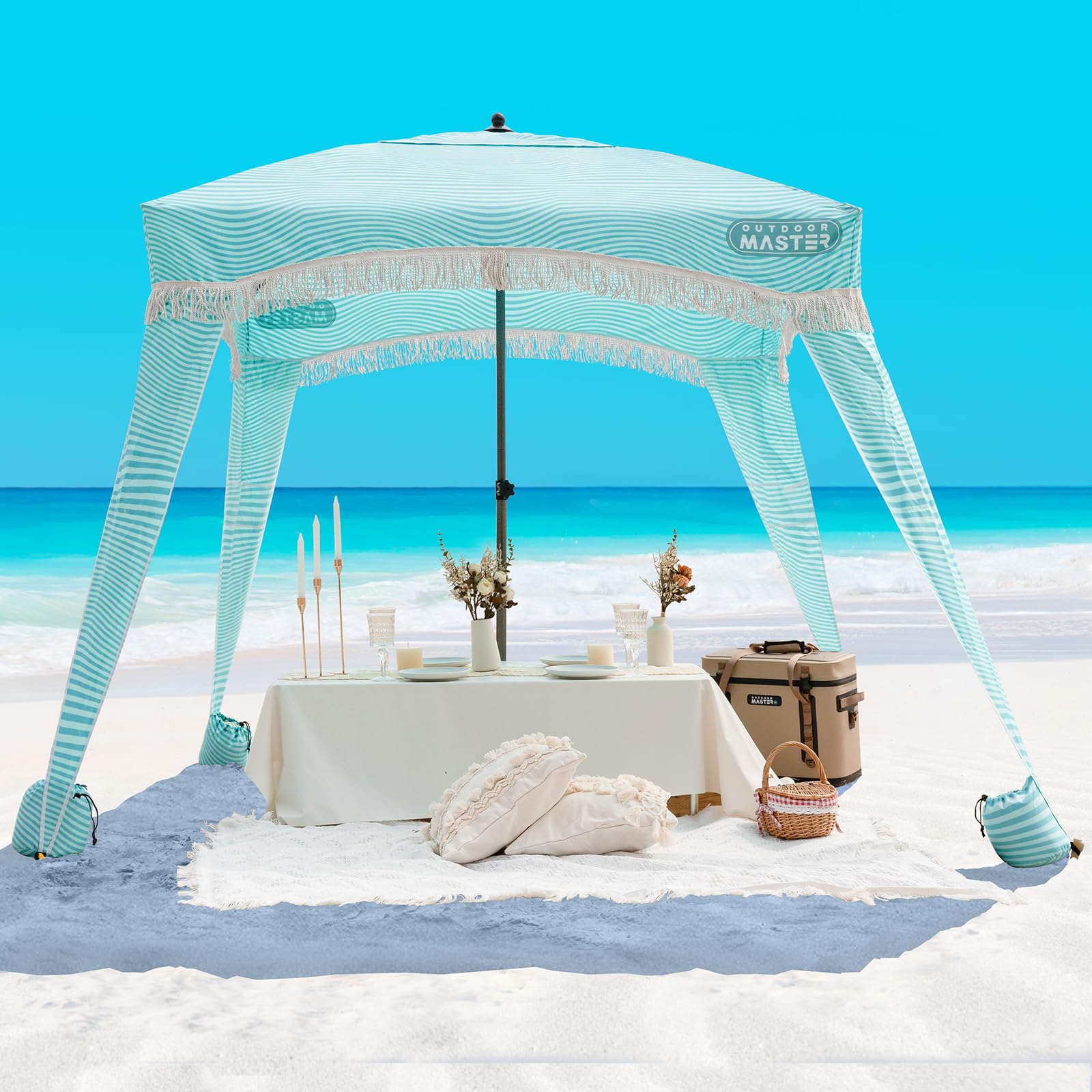 OutdoorMaster Beach Cabana with Fringes, Portable 6 x 6 Sun Canopy for Sand, Easy Set Up Beach Shelter, Included Side Wall, UP