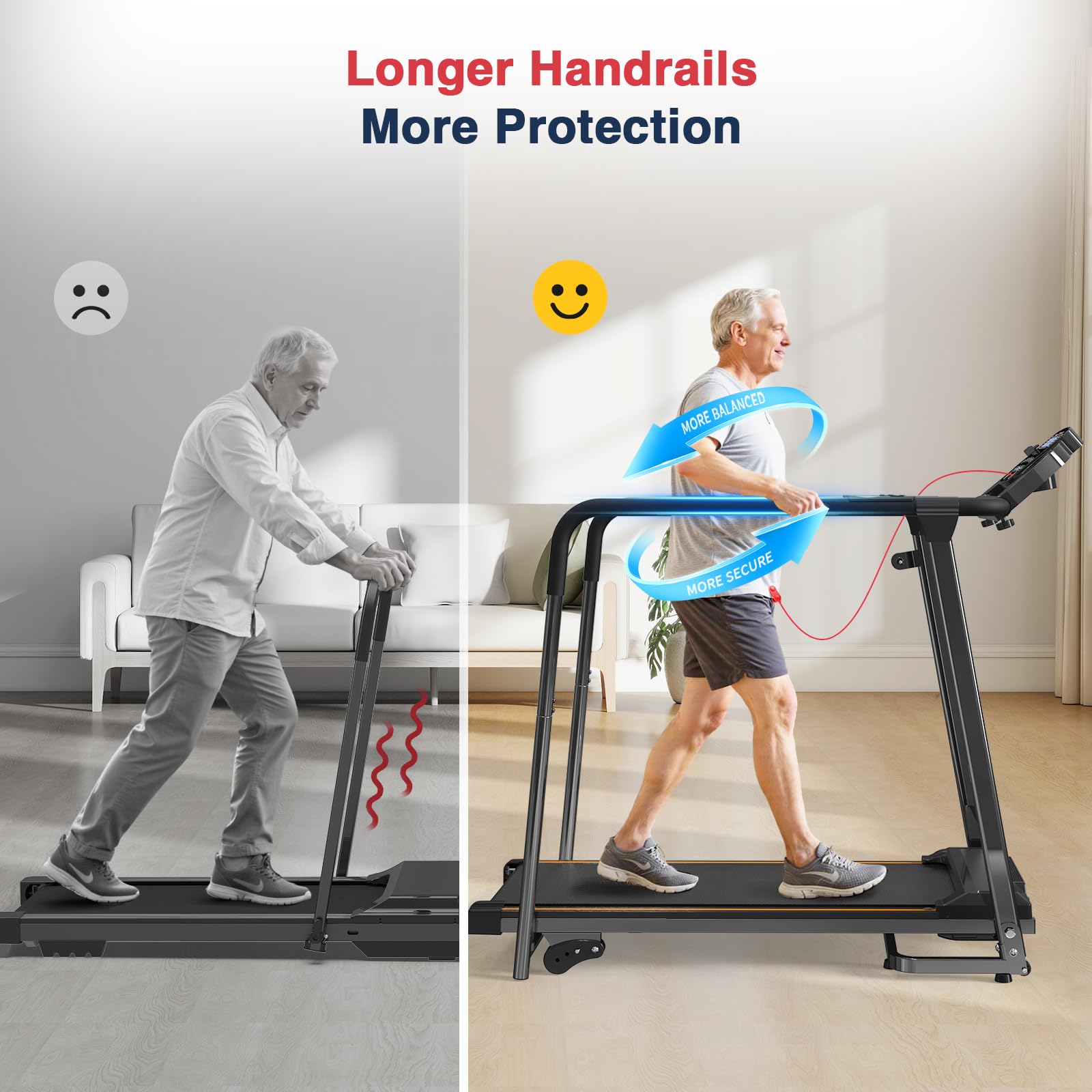 Redliro Walking Treadmill for Seniors - Foldable Senior Treadmill with 0%-2% Incline, Long Handrails - 300 lbs Capacity Home Rec