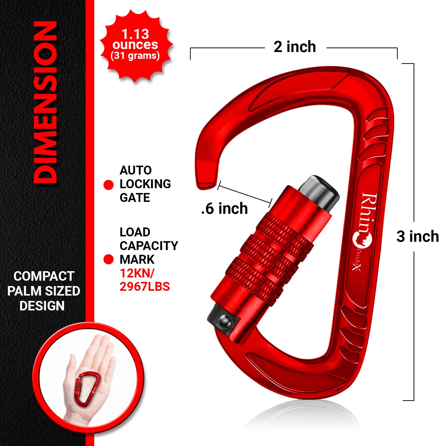 Rhino Produxs 2Pcs Of 12Kn (2697 Lbs) Heavy Duty Lightweight Locking Carabiner Or Auto Locking Carabiner Clips, For Securing Pet