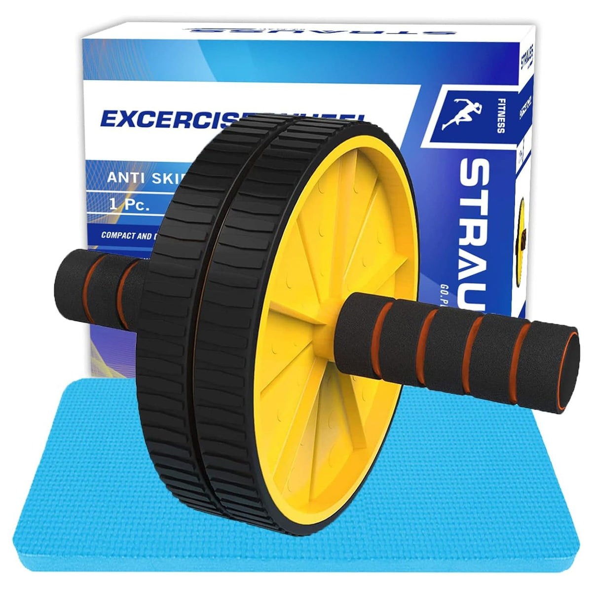 Strauss Double Wheel Ab & Exercise Roller | AntiSkid Wheel Base, NonSlip Stainless Steel Handles & Knee Mat| Abdominal Exercis