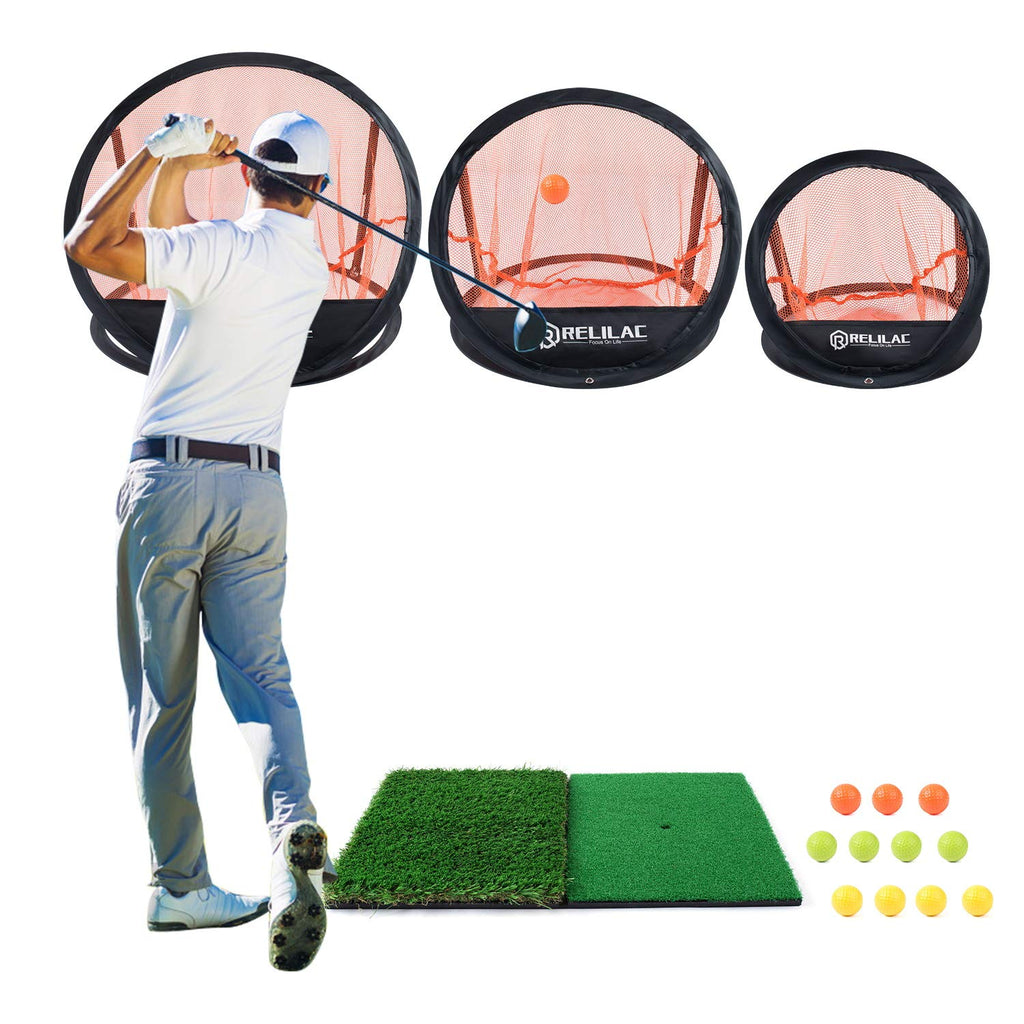 Relilac 3 Piece Golf Chipping Net With Dual Turf Hitting Mat And 12 Foam Training Balls - Indoor/Outdoor Golfing Target Accessor