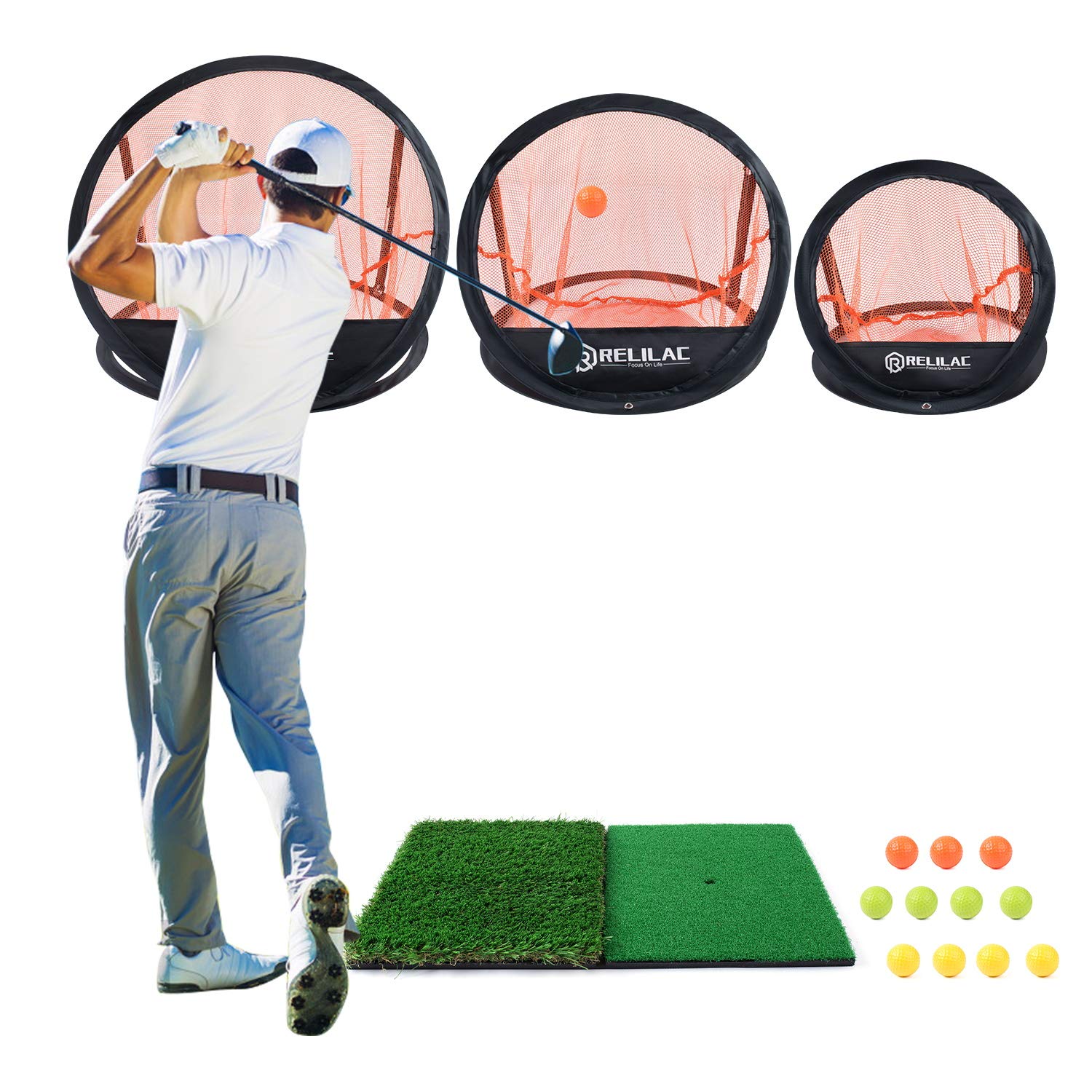 Relilac 3 Piece Golf Chipping Net With Dual Turf Hitting Mat And 12 Foam Training Balls - Indoor/Outdoor Golfing Target Accessor