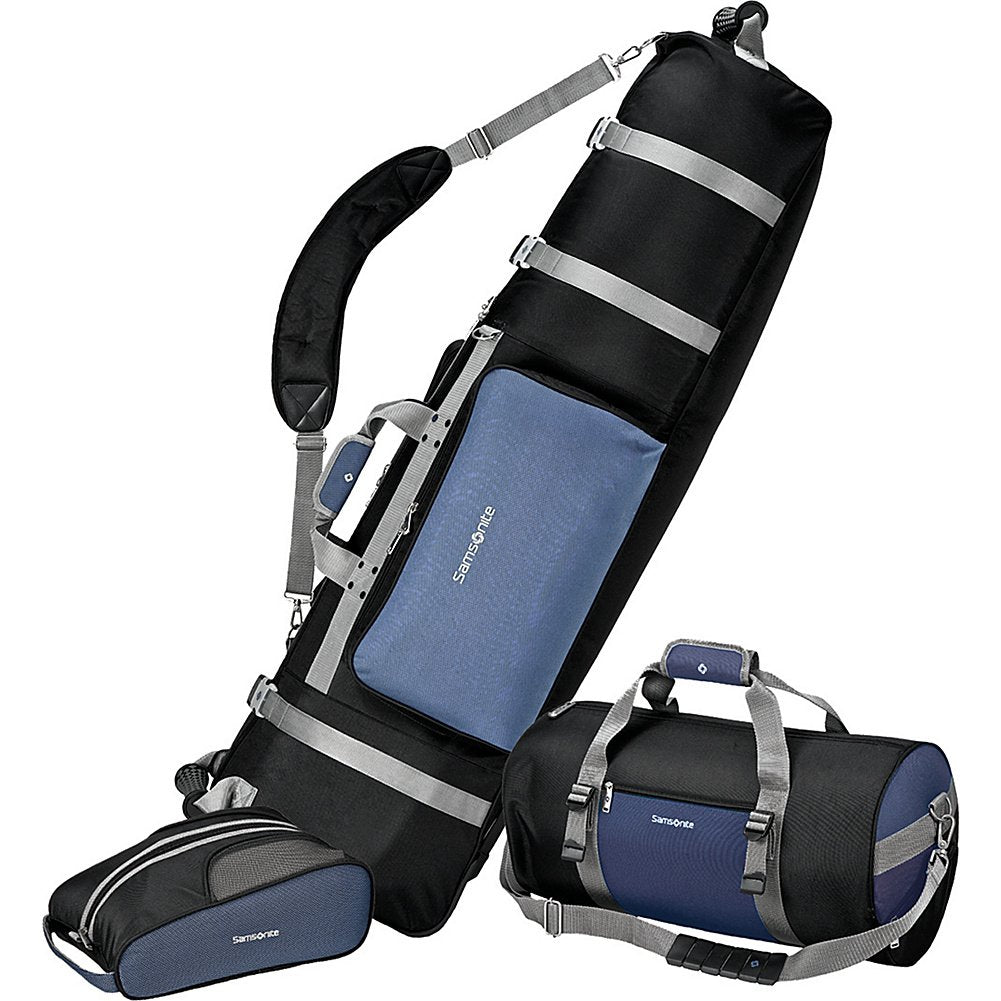 Samsonite Golf Deluxe 3 Piece Golf Travel Set With Wheeling Travel Cover Golf Bag, Duffel Bag, & Shoe Bag, Black & Blue