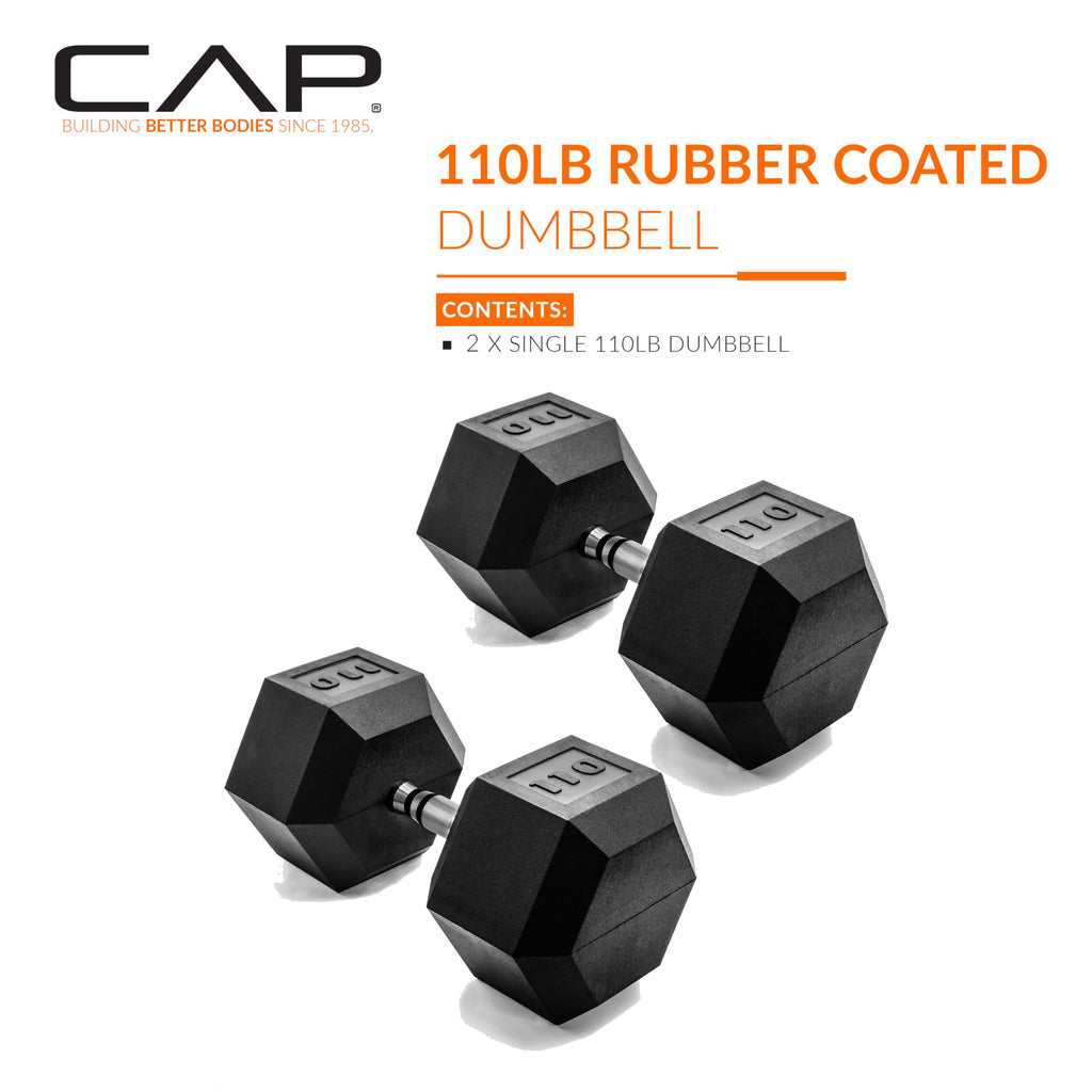 CAP Barbell 110 LB Rubber Coated Hex Dumbbell Hand Weight - Pair | Chrome Handle