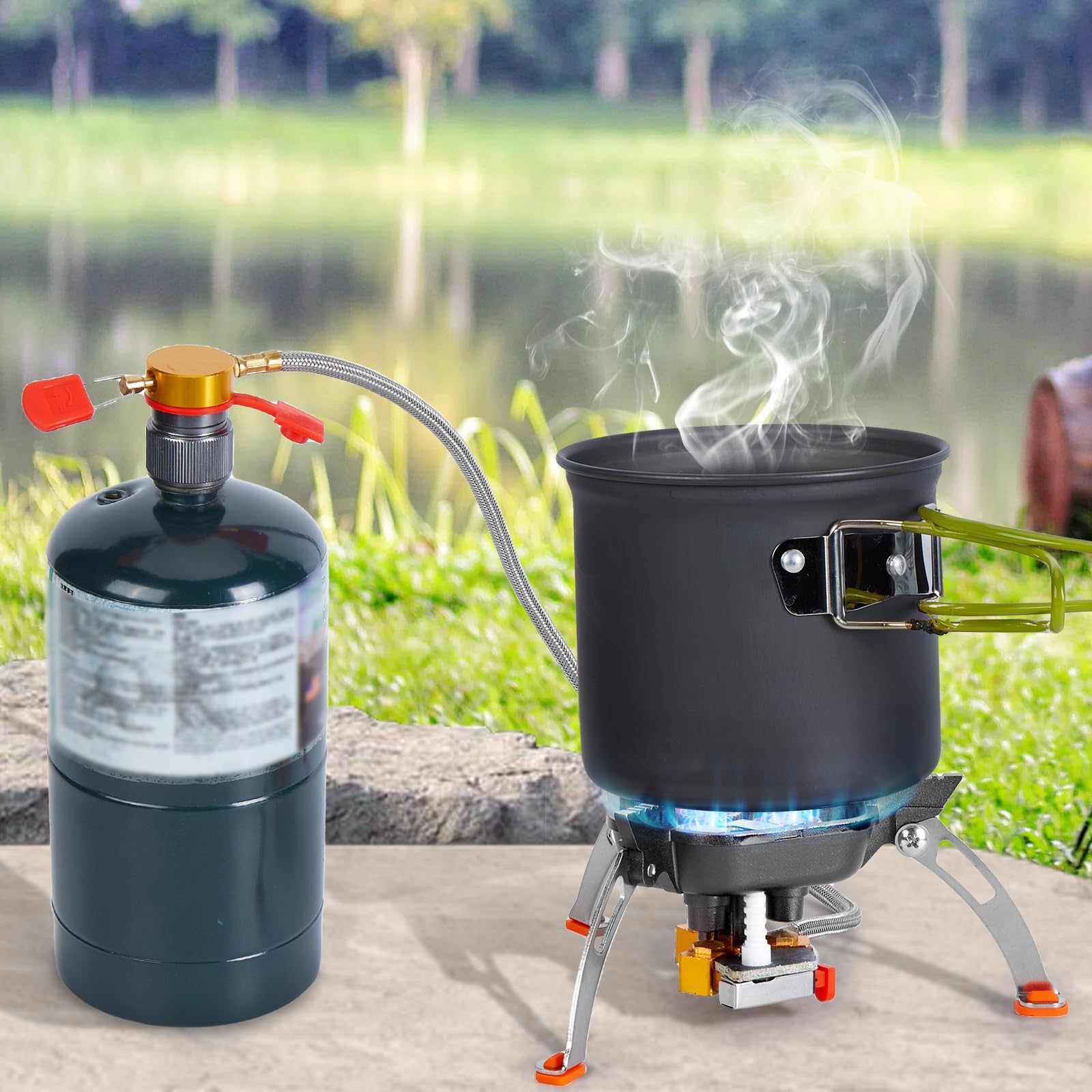 Wadeo 7200W Windproof Camping Stove, Camping Gas Stove With Piezo Ignition, Two Fuel Canister Adapter, Carry Case, Portable Stov