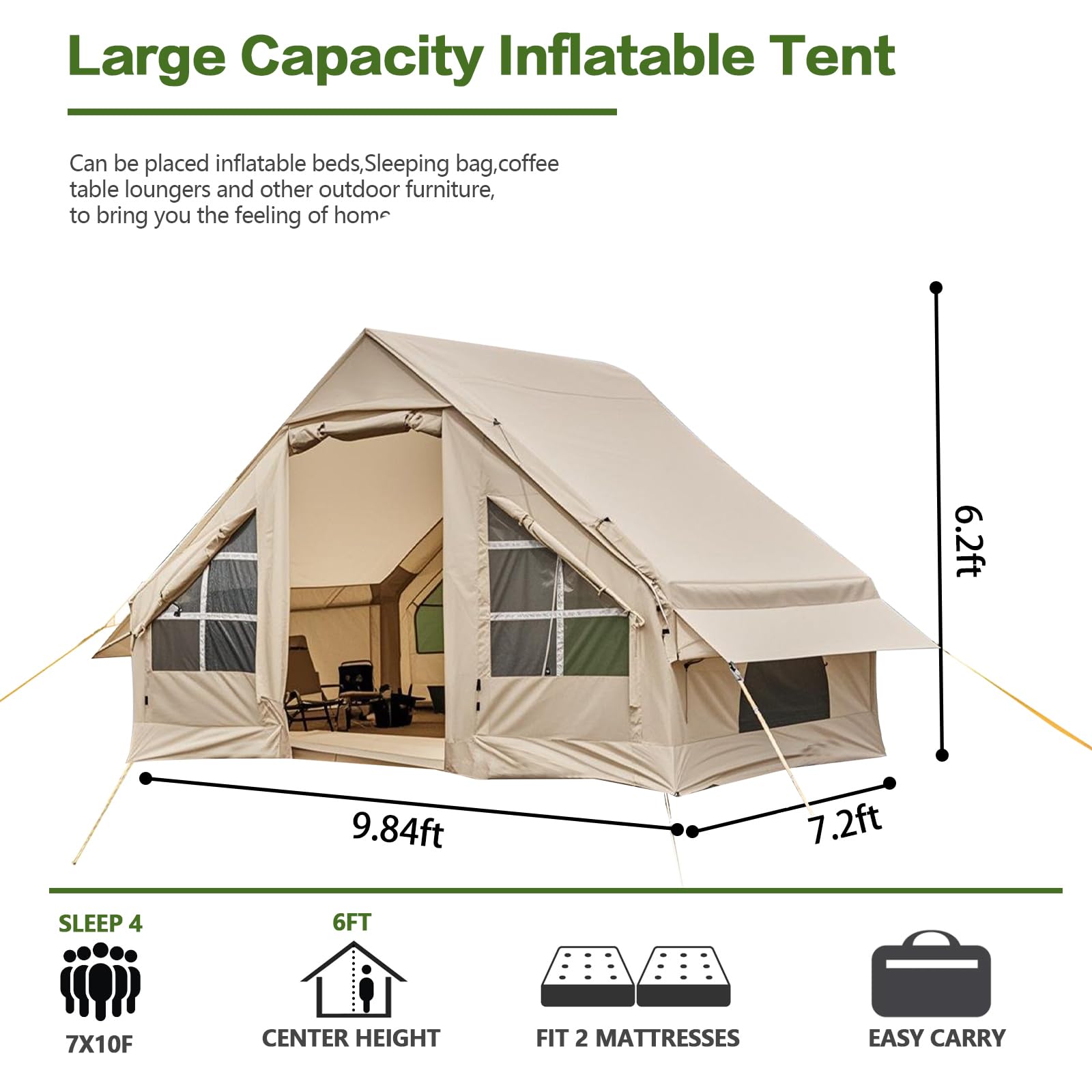 4-6 Person Inflatable Cabin Camping Tent With Canopy, Picnic Blanket - Waterproof, Easy Setup