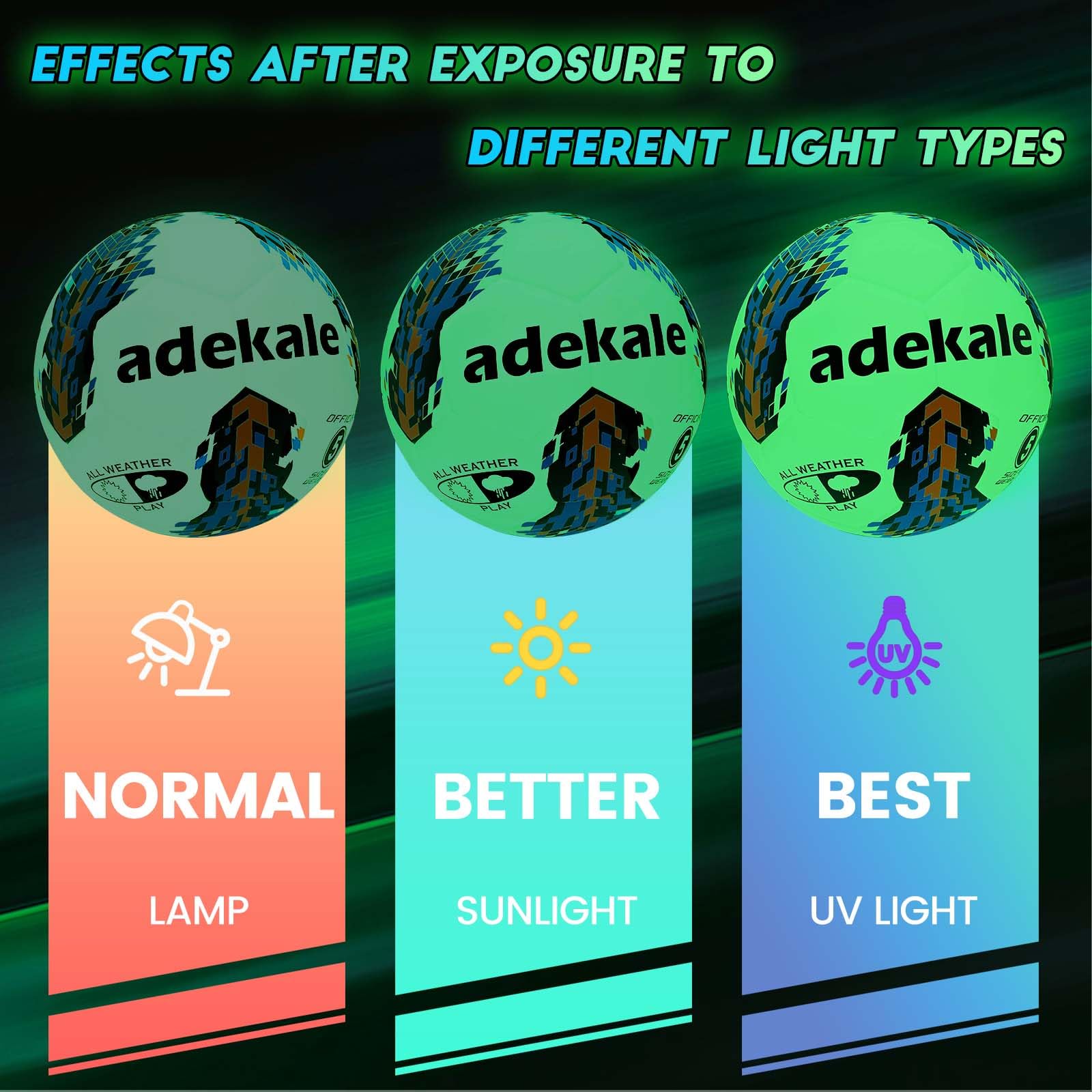 Adekale Soccer Balls Size 5,Glow In The Dark Official Size Soccer Ball,Indoor/Outdoor Light Up Training Ball With Pump And Needl